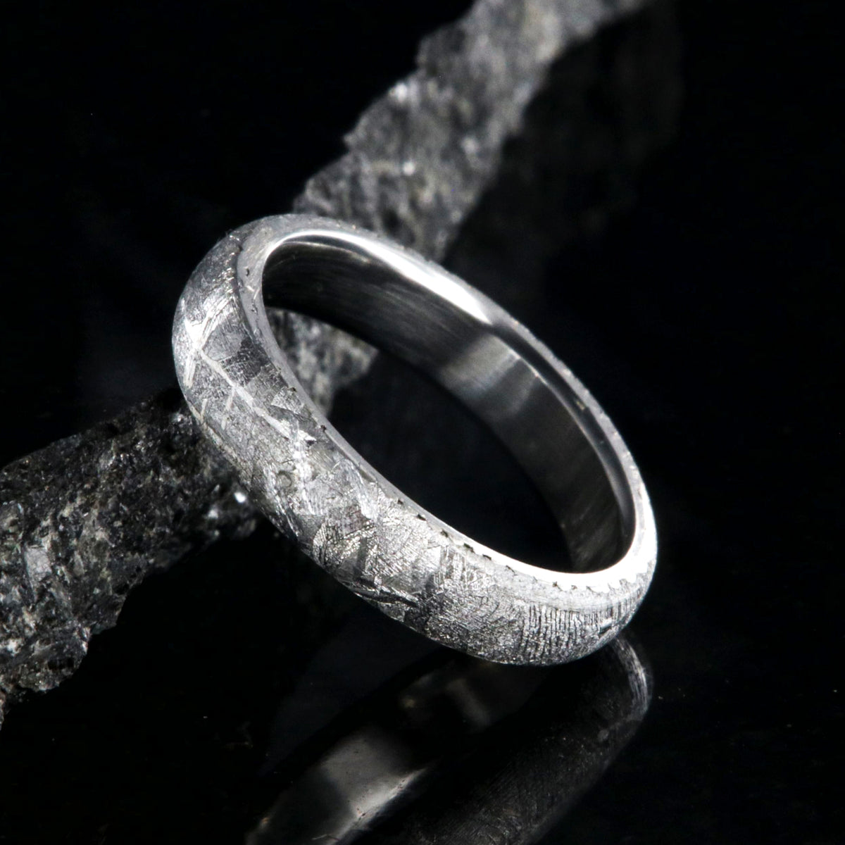 4mm wide women&#39;s meteorite wedding band with cobalt sleeve and rounded profile