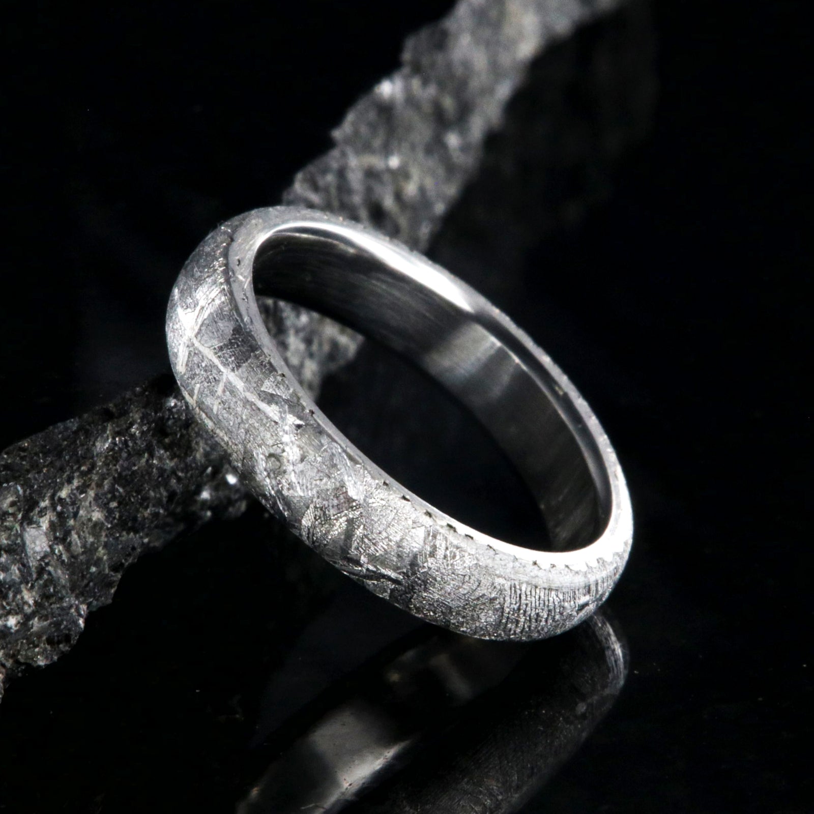 4mm wide women's meteorite wedding band with cobalt sleeve and rounded profile