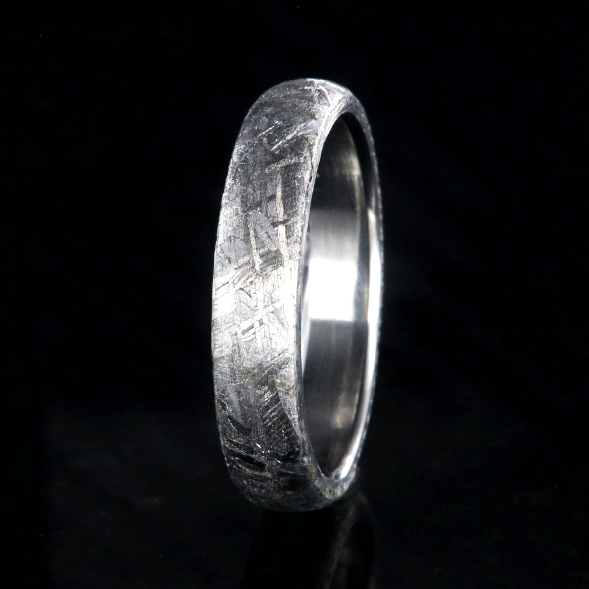 4mm wide women&#39;s meteorite wedding band with cobalt sleeve and rounded profile