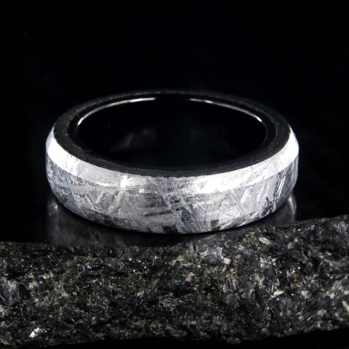 5mm wide meteorite wedding band with black titanium sleeve and beveled edges