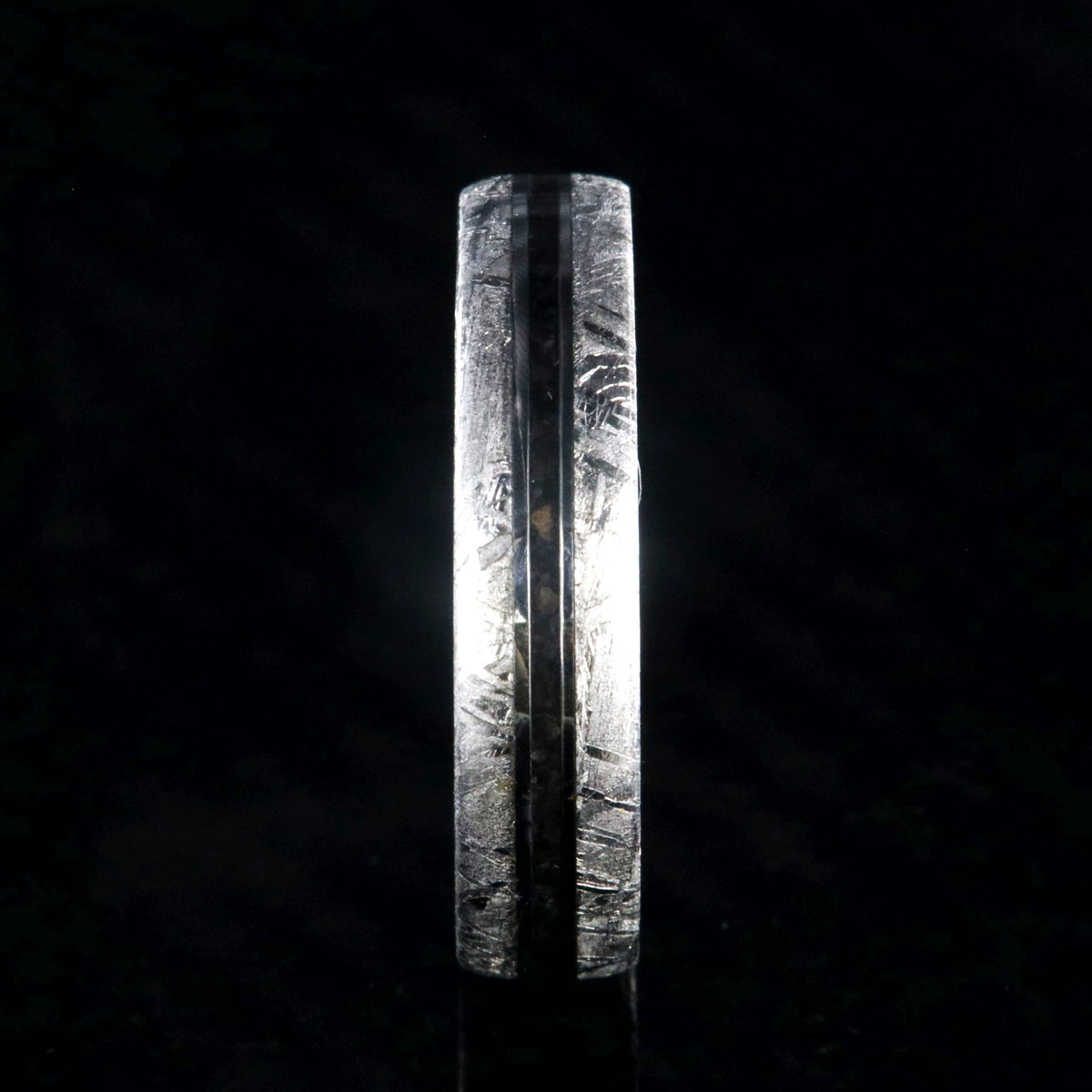 5mm wide women&#39;s wedding band with Gibeon meteorite edges and thin dinosaur bone inlay with cobalt sleeve