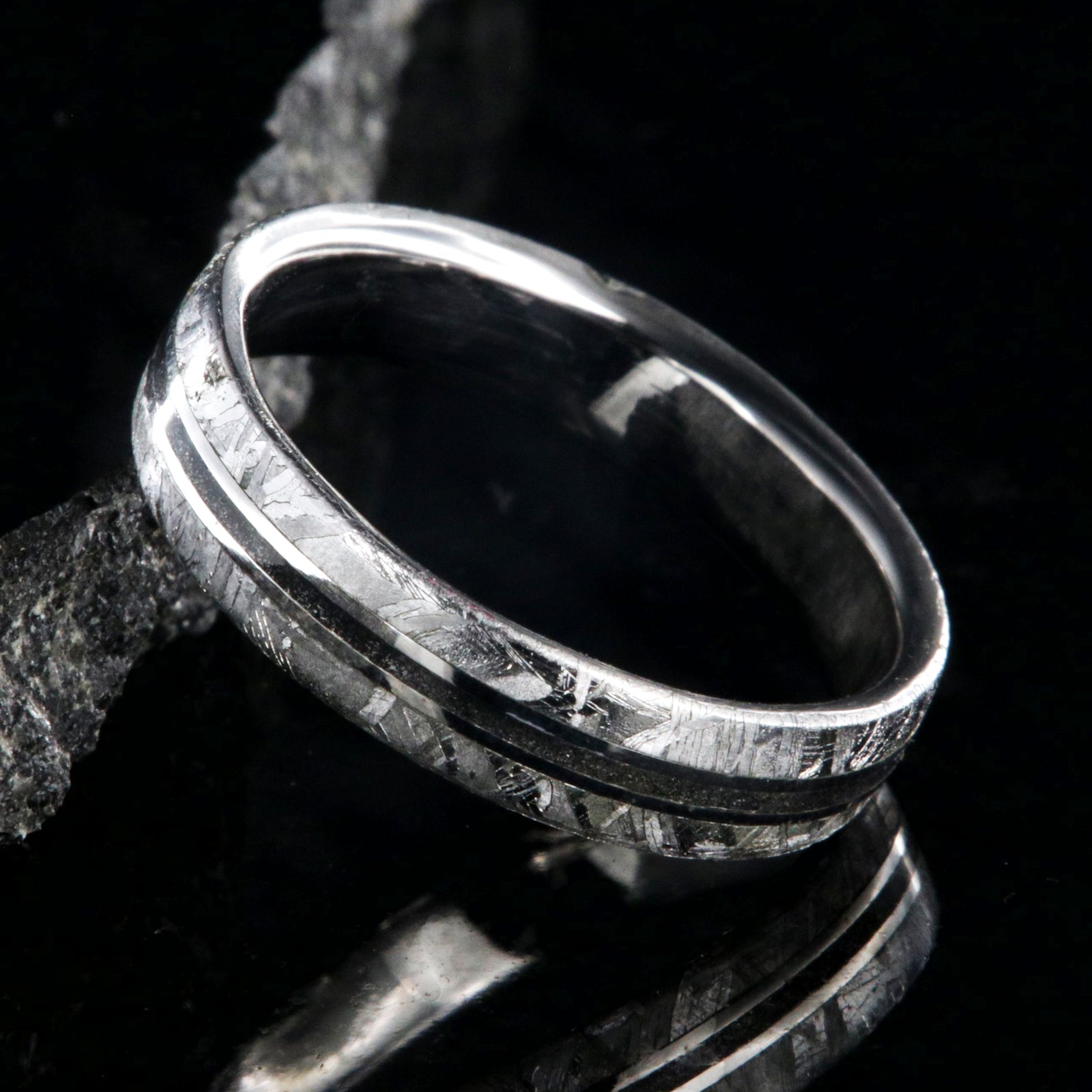 5mm wide Gibeon women's meteorite wedding band with a center stardust inlay