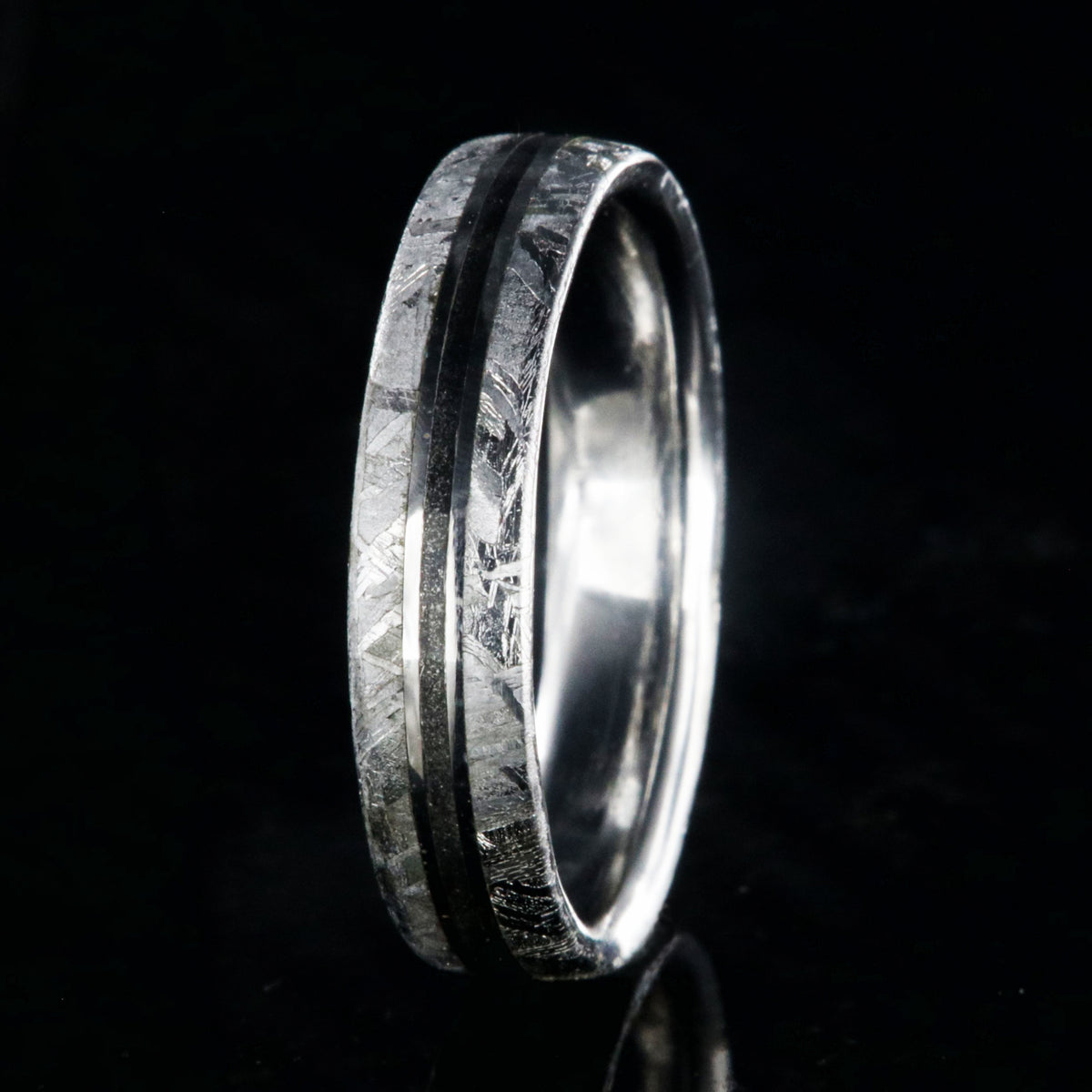 5mm wide Gibeon women&#39;s meteorite wedding band with a center stardust inlay