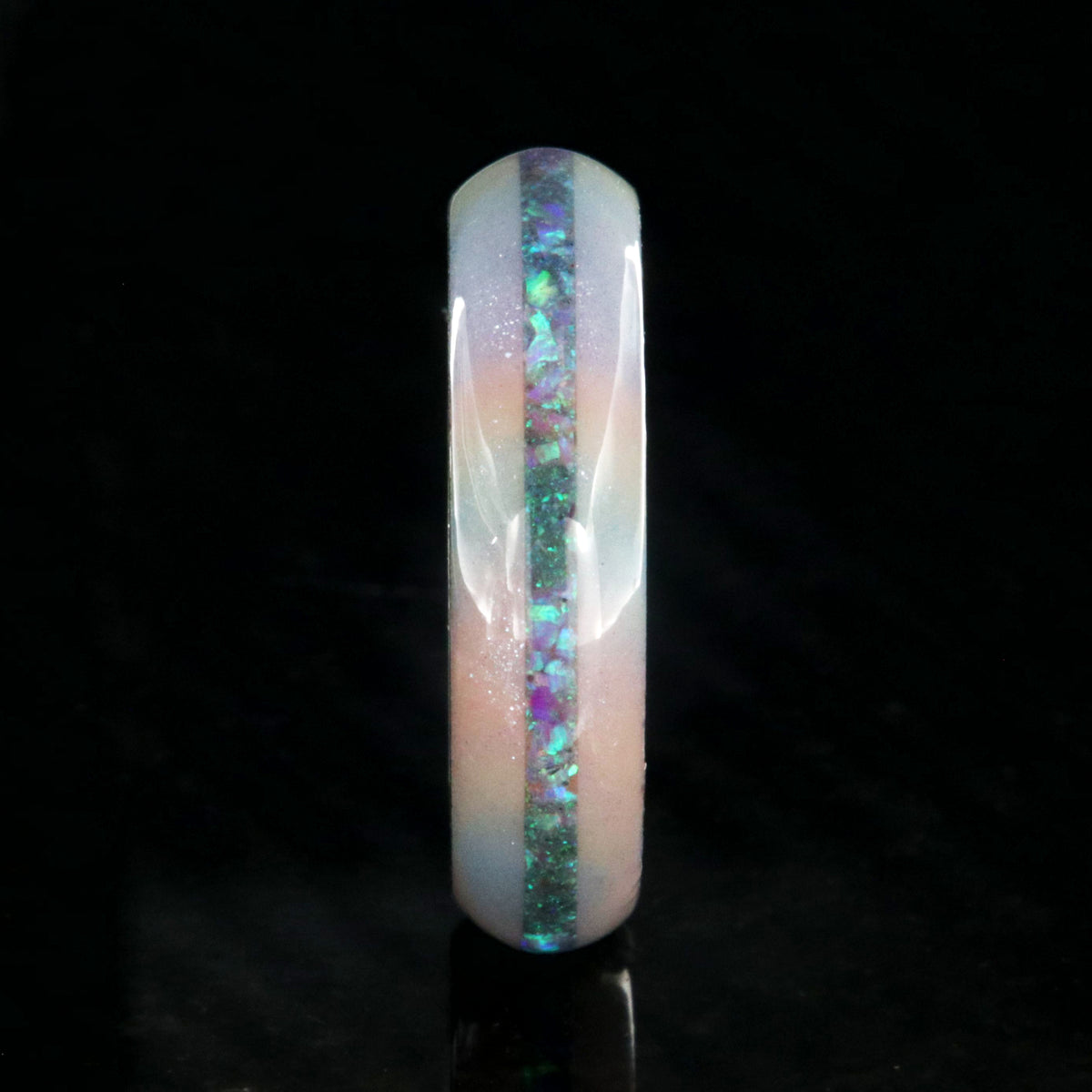 6mm wide promise ring with glittering rainbow edges and a crushed opal inlay