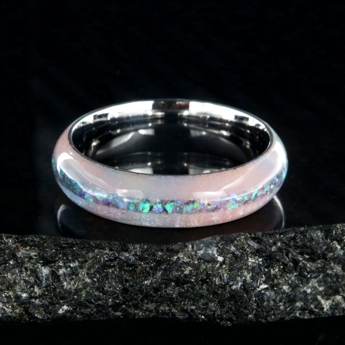6mm wide promise ring with glittering rainbow edges and a crushed opal inlay