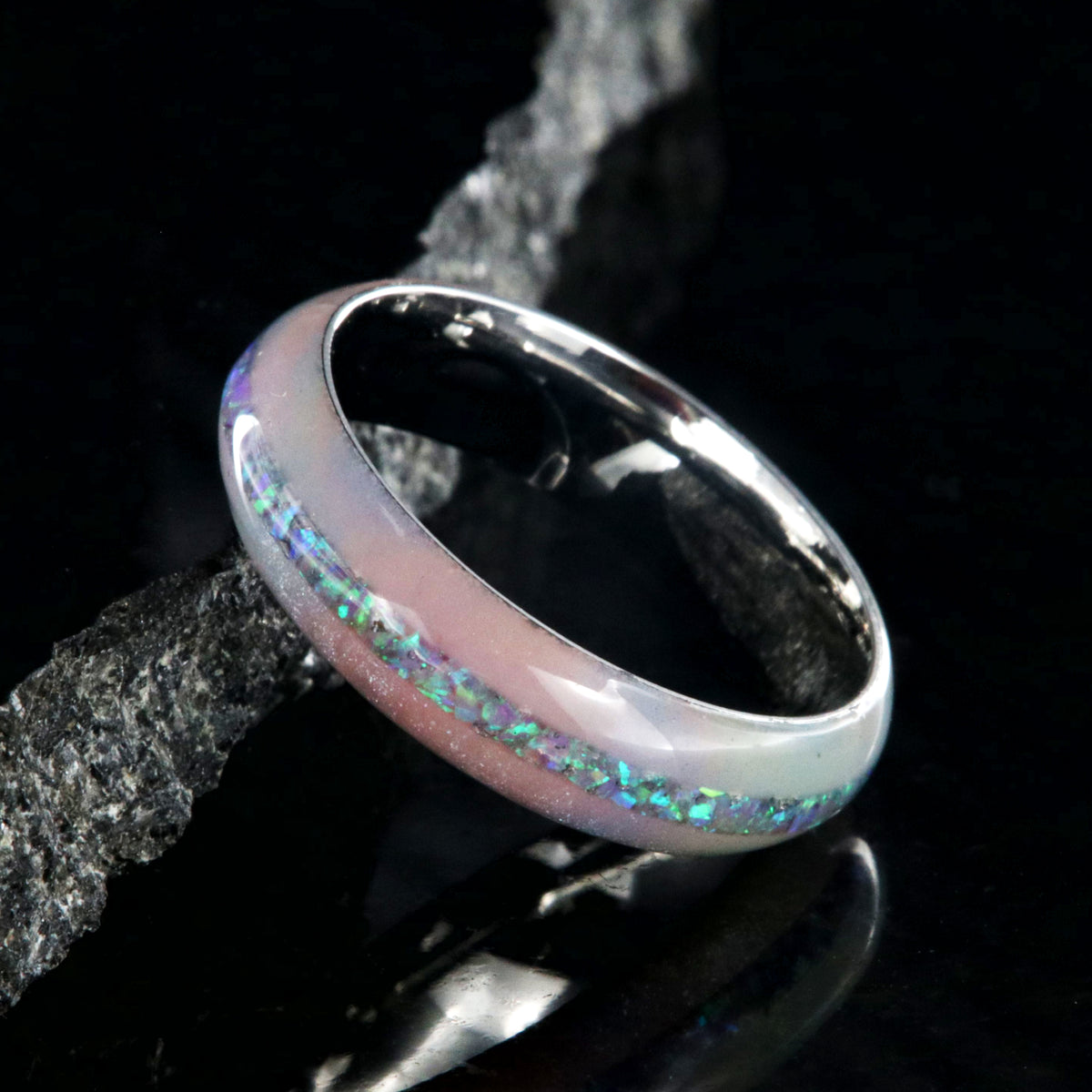 6mm wide promise ring with glittering rainbow edges and a crushed opal inlay