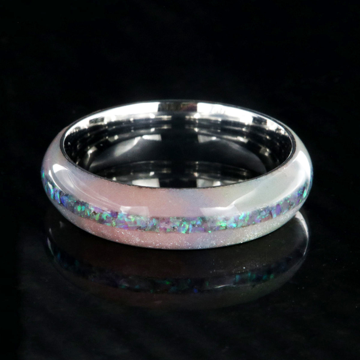 6mm wide promise ring with glittering rainbow edges and a crushed opal inlay