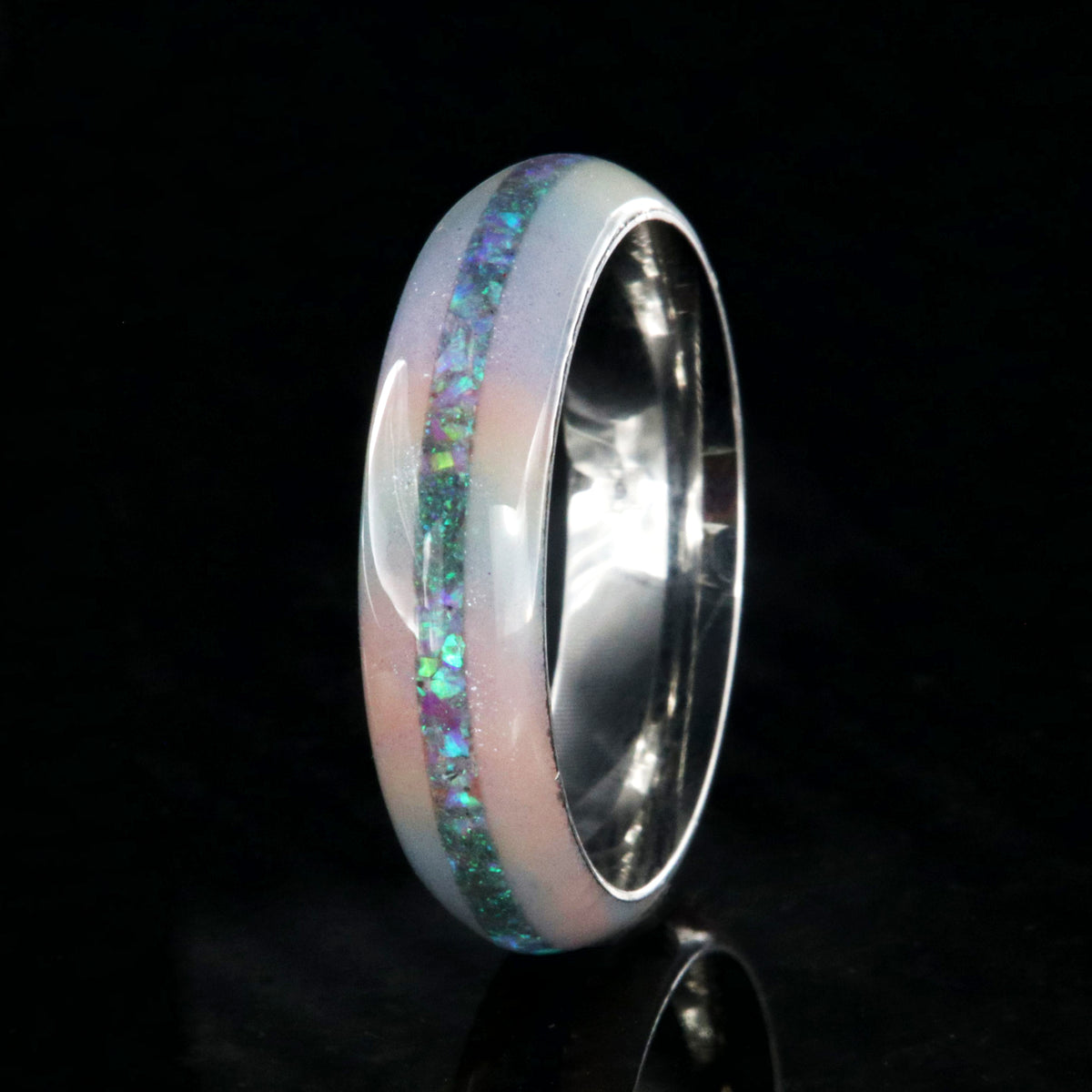 6mm wide promise ring with glittering rainbow edges and a crushed opal inlay