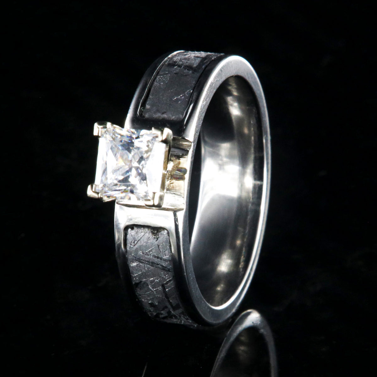 6mm wide women&#39;s meteorite engagement ring with 1 carat princess cut stone