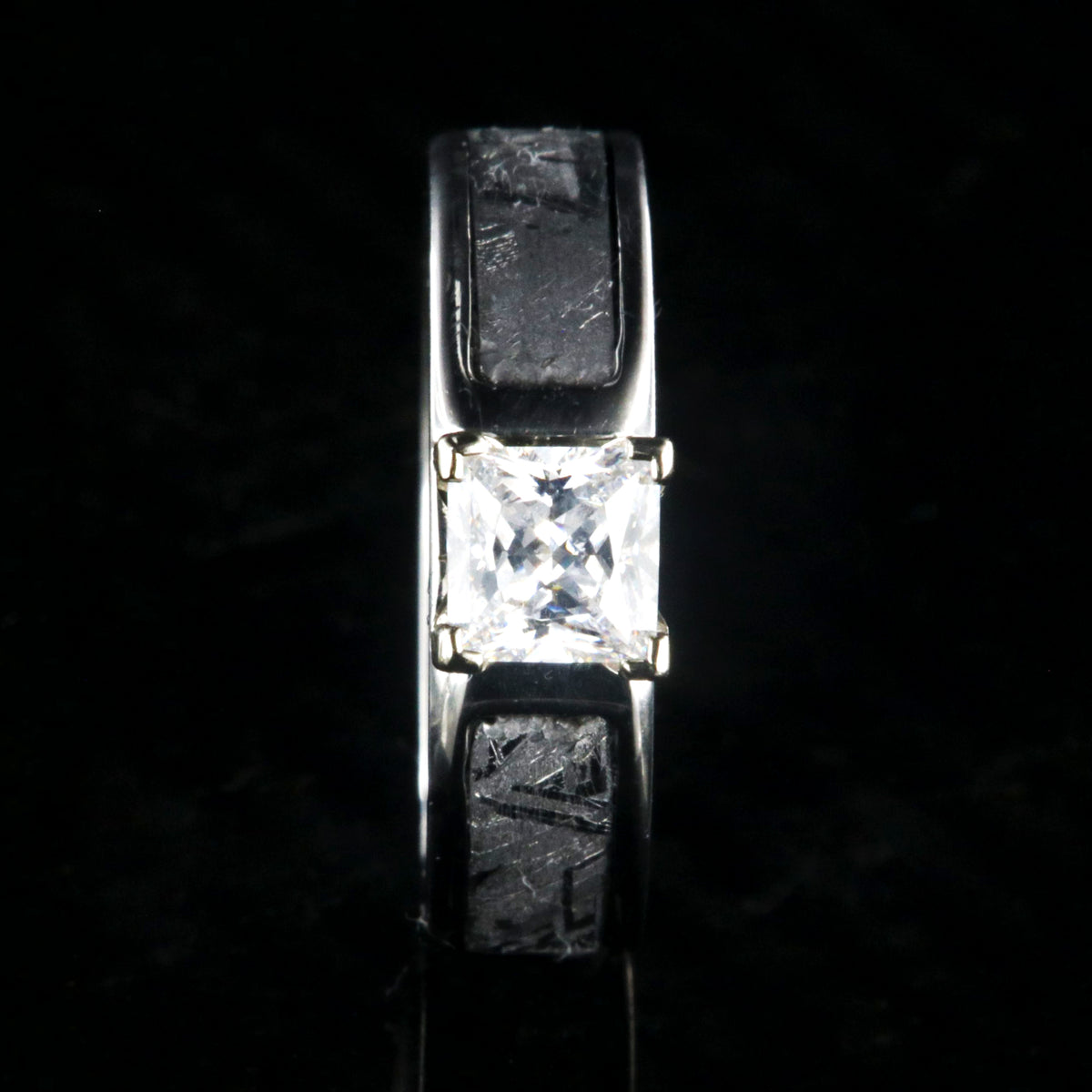 6mm wide women&#39;s meteorite engagement ring with 1 carat princess cut stone