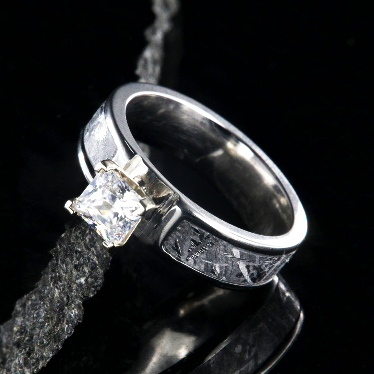 6mm wide women&#39;s meteorite engagement ring with 1 carat princess cut stone