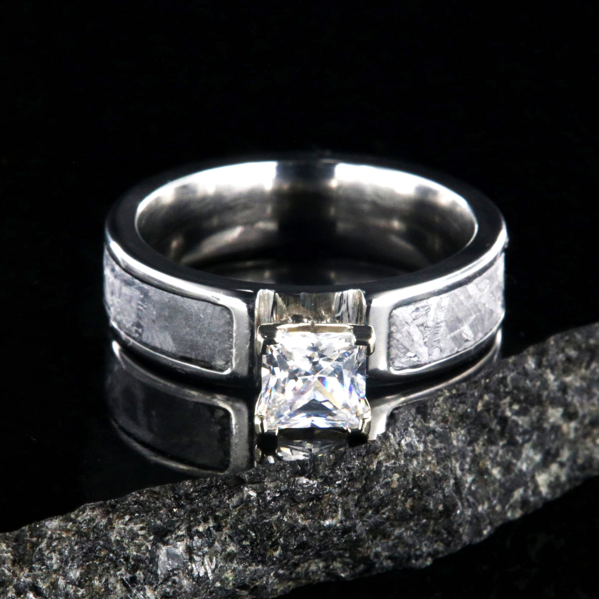 6mm wide women&#39;s meteorite engagement ring with 1 carat princess cut stone
