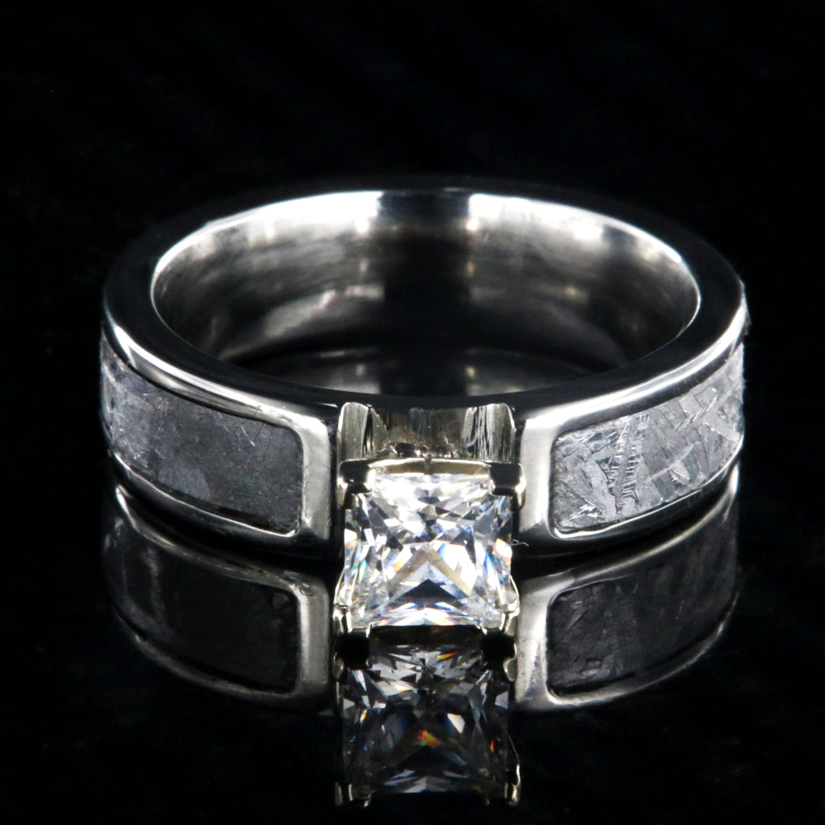 6mm wide women&#39;s meteorite engagement ring with 1 carat princess cut stone