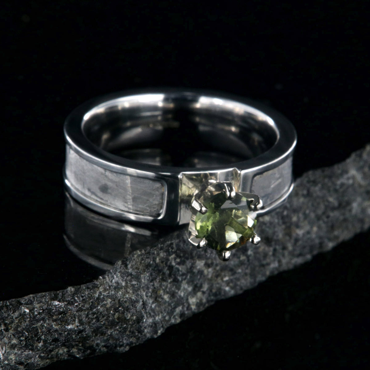 6mm wide women&#39;s meteorite engagement ring with green moldavite stone