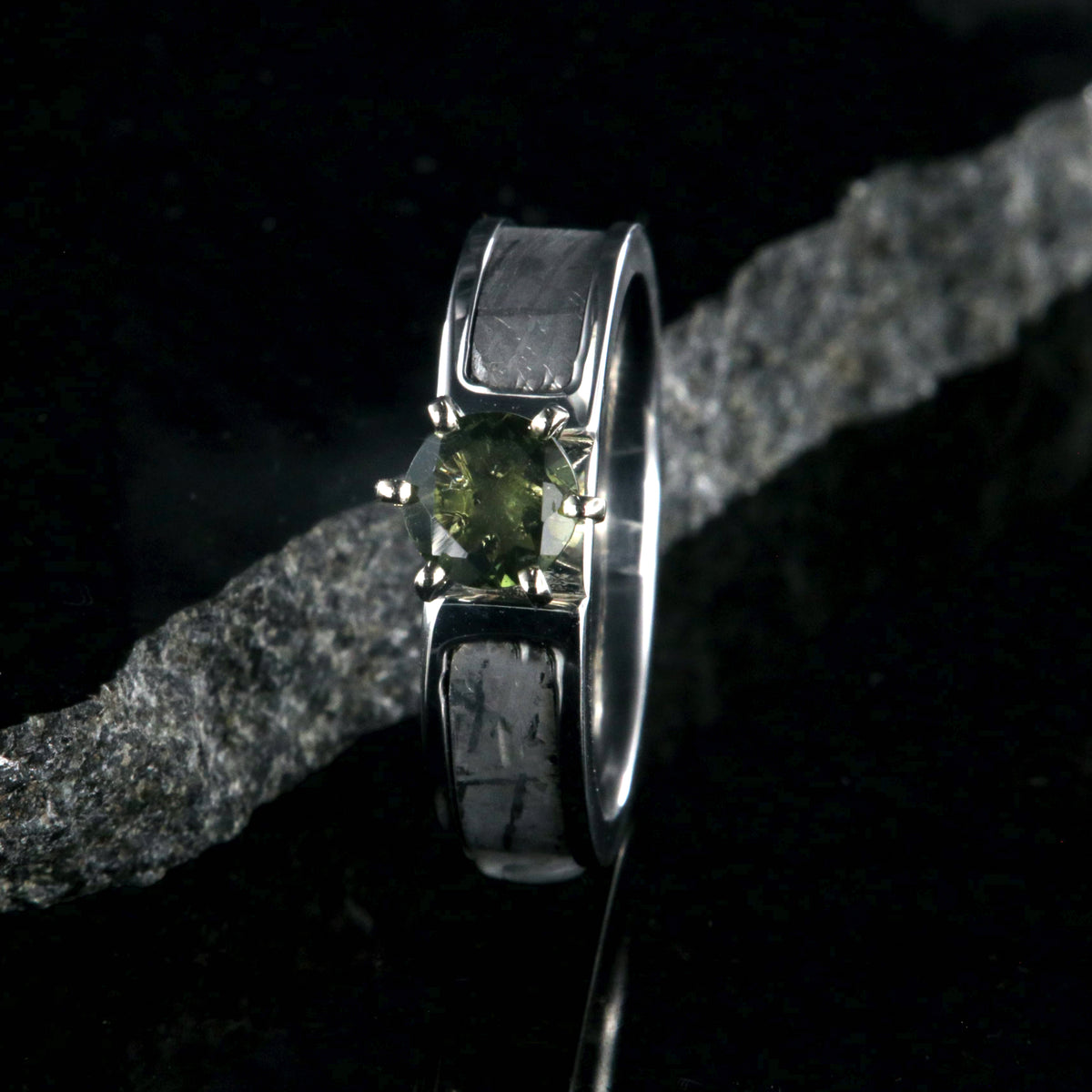 6mm wide women&#39;s meteorite engagement ring with green moldavite stone