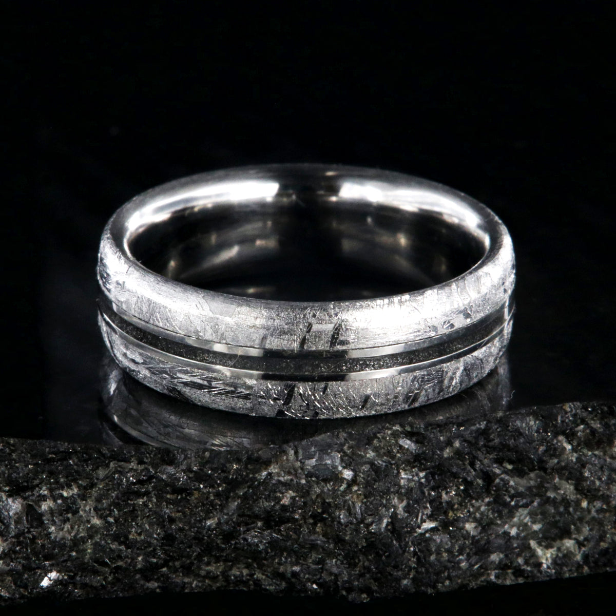 6mm wide Gibeon women&#39;s meteorite wedding band with a center stardust inlay