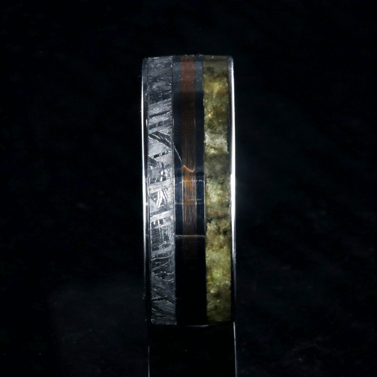 7mm wide cobalt men&#39;s ring with a center rose gold inlay with a labradorite edge and Gibeon meteorite edge