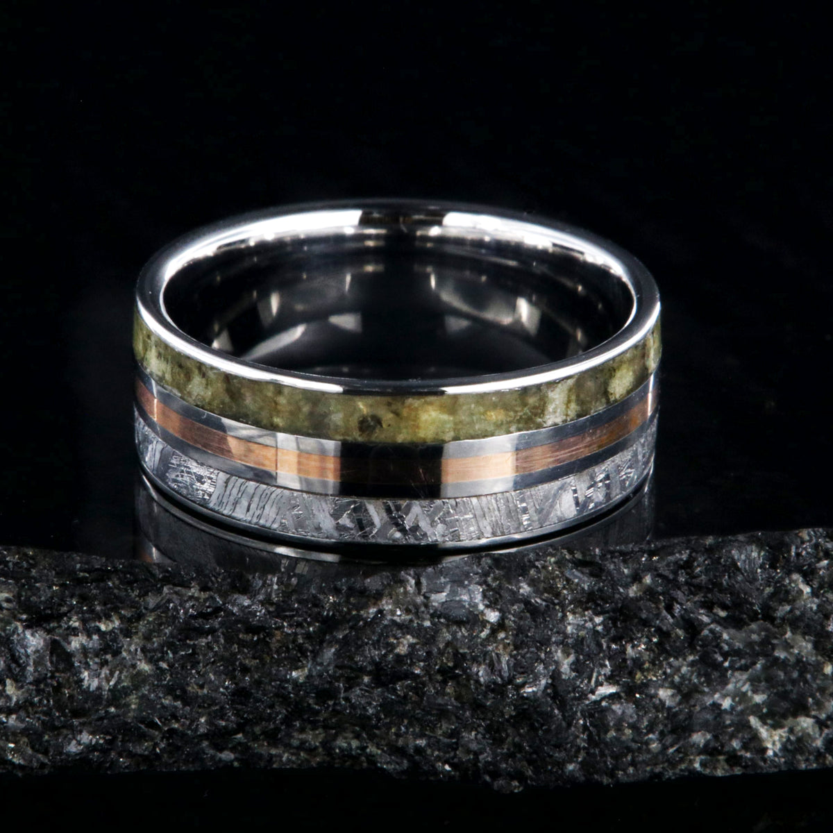 7mm wide cobalt men&#39;s ring with a center rose gold inlay with a labradorite edge and Gibeon meteorite edge