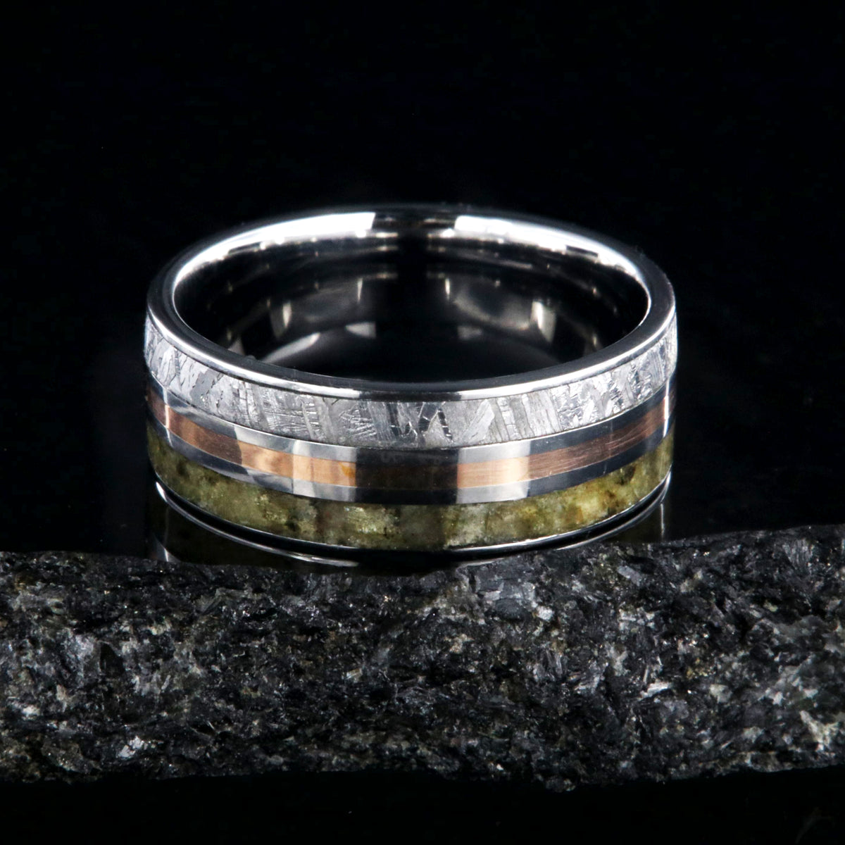 7mm wide cobalt men&#39;s ring with a center rose gold inlay with a labradorite edge and Gibeon meteorite edge