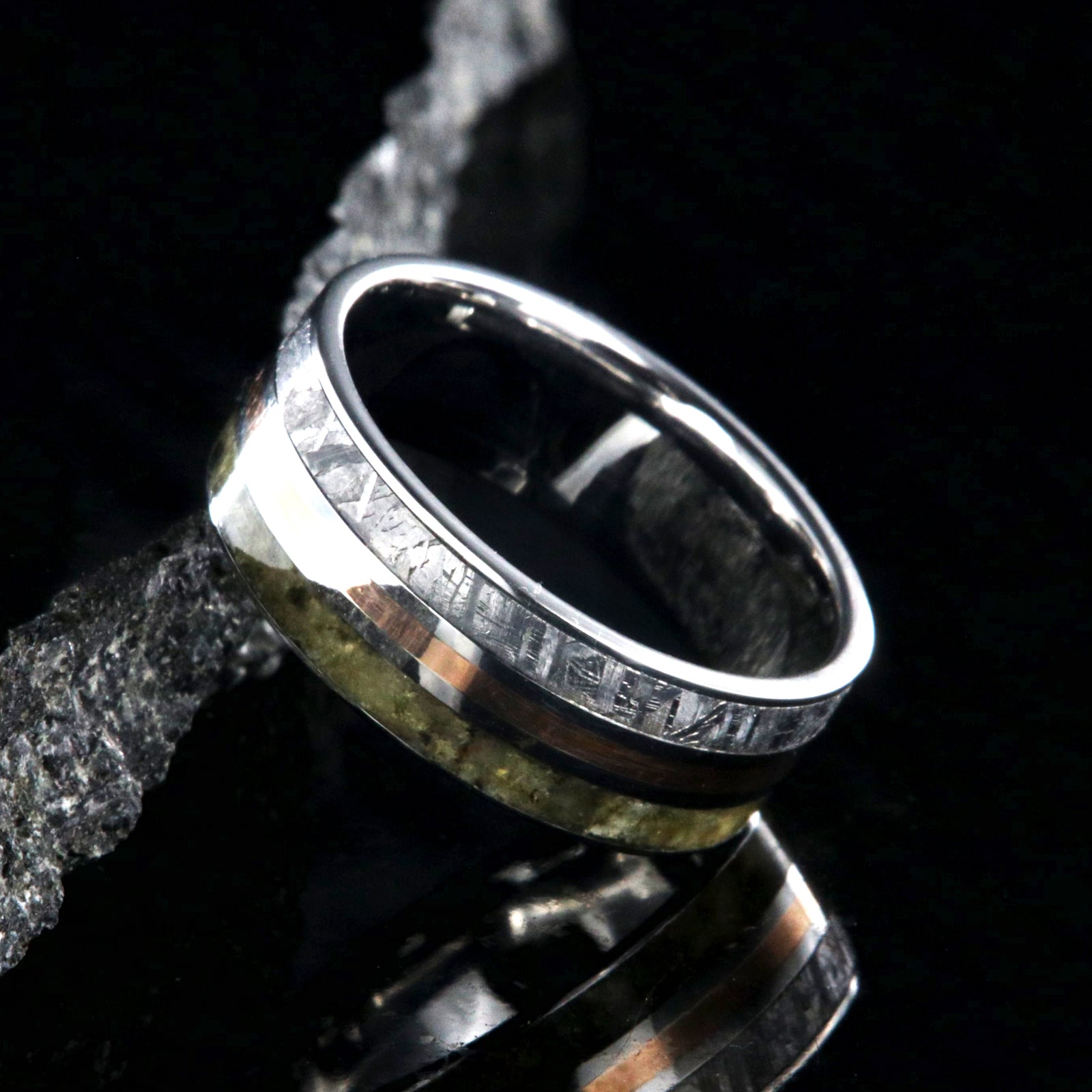 7mm wide cobalt men's ring with a center rose gold inlay with a labradorite edge and Gibeon meteorite edge