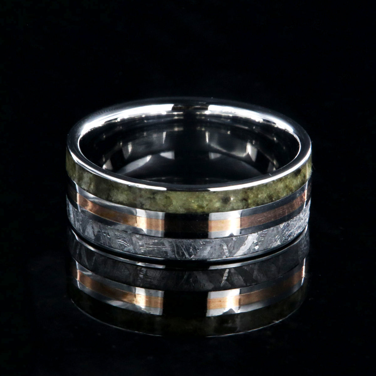 7mm wide cobalt men&#39;s ring with a center rose gold inlay with a labradorite edge and Gibeon meteorite edge