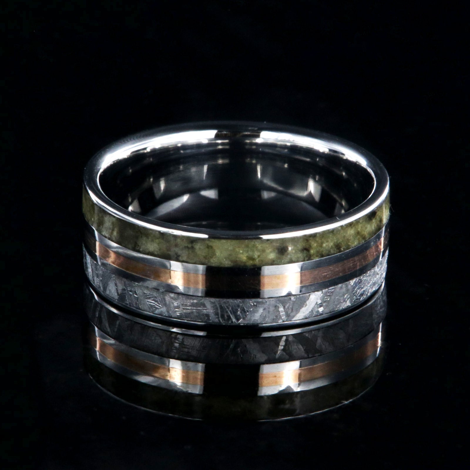 7mm wide cobalt men's ring with a center rose gold inlay with a labradorite edge and Gibeon meteorite edge