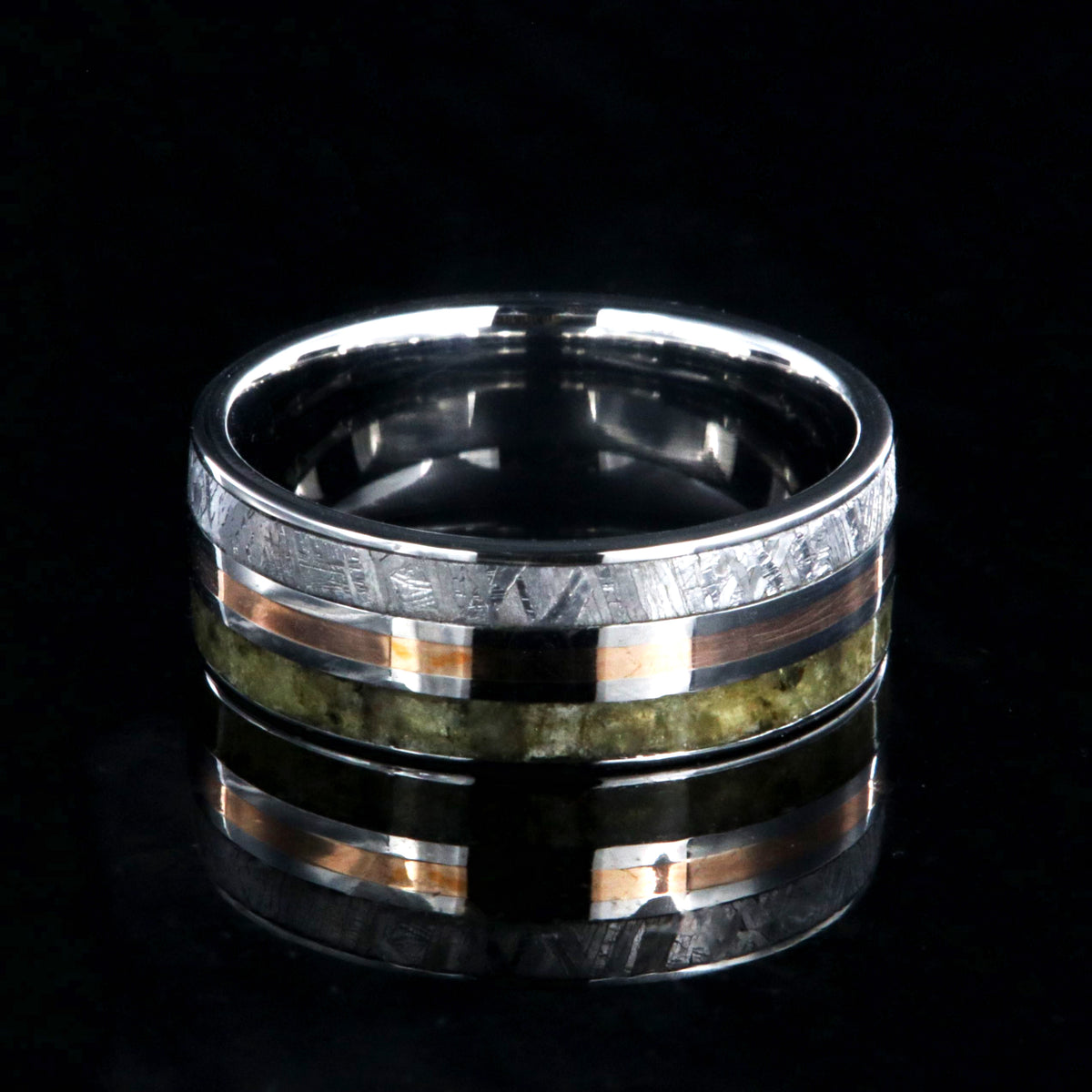 7mm wide cobalt men&#39;s ring with a center rose gold inlay with a labradorite edge and Gibeon meteorite edge