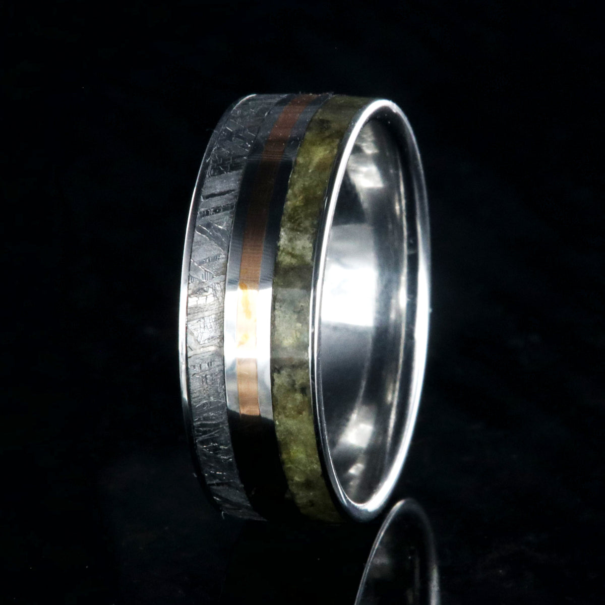 7mm wide cobalt men&#39;s ring with a center rose gold inlay with a labradorite edge and Gibeon meteorite edge