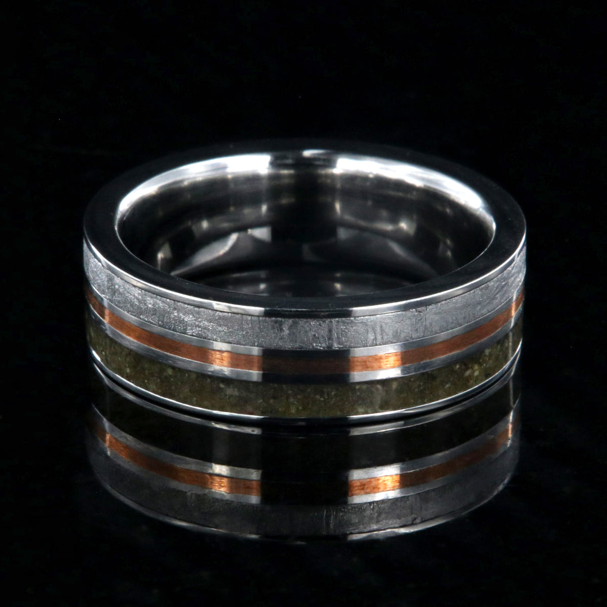 Dinosaur bone, meteorite, and center 14k rose gold inlay mens wedding ring