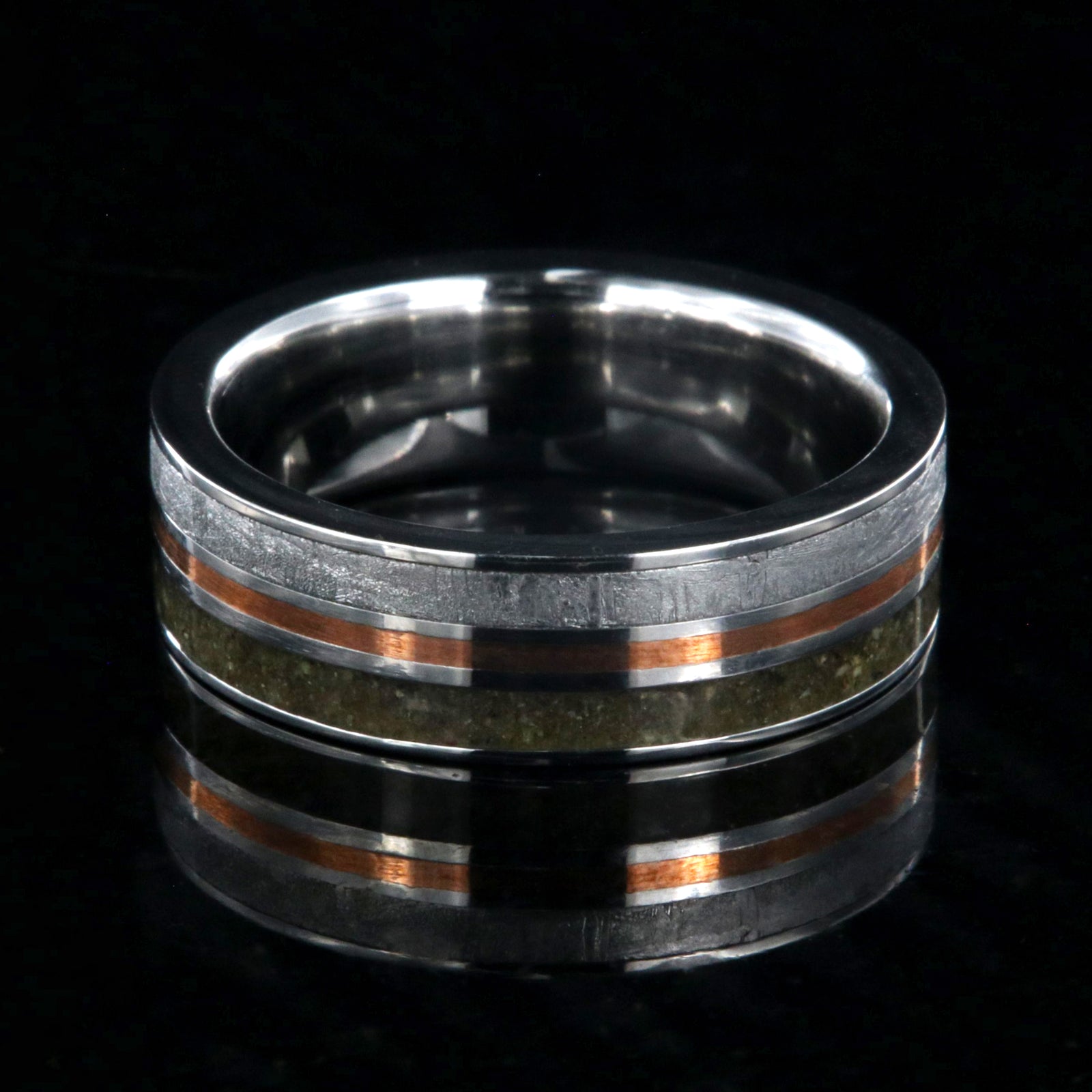 Dinosaur bone, meteorite, and center 14k rose gold inlay mens wedding ring