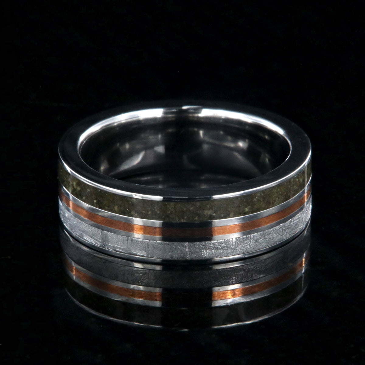 Dinosaur bone, meteorite, and 14k rose gold mens wedding ring