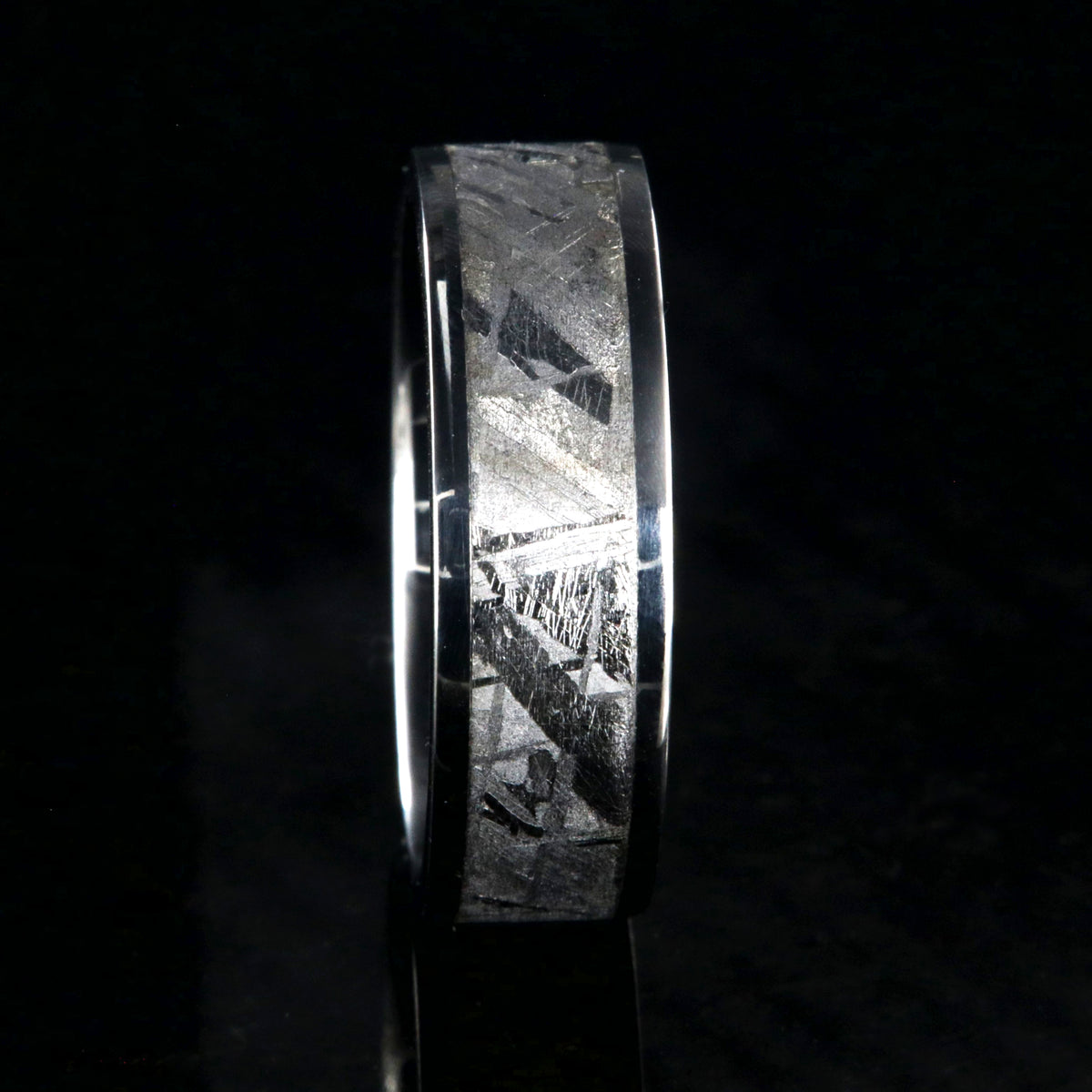 7mm wide flat profile Gibeon meteorite ring with cobalt sleeve and edges