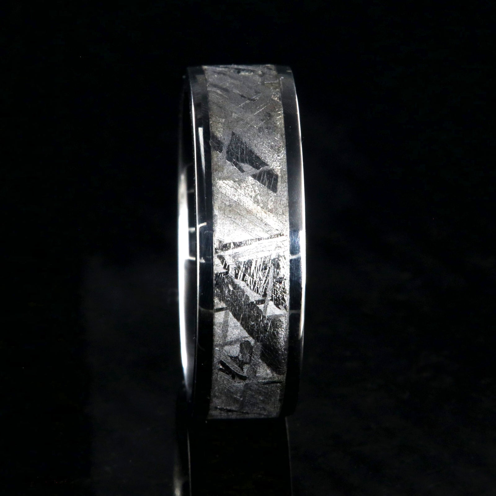 7mm wide flat profile Gibeon meteorite ring with cobalt sleeve and edges