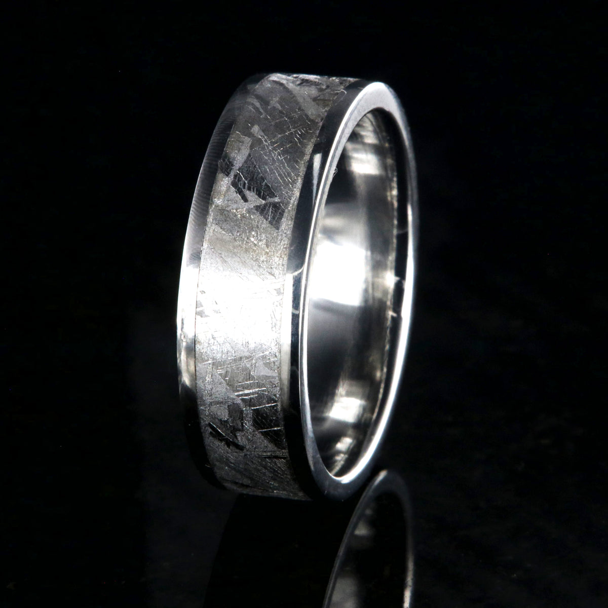 7mm wide flat profile Gibeon meteorite ring with cobalt sleeve and edges