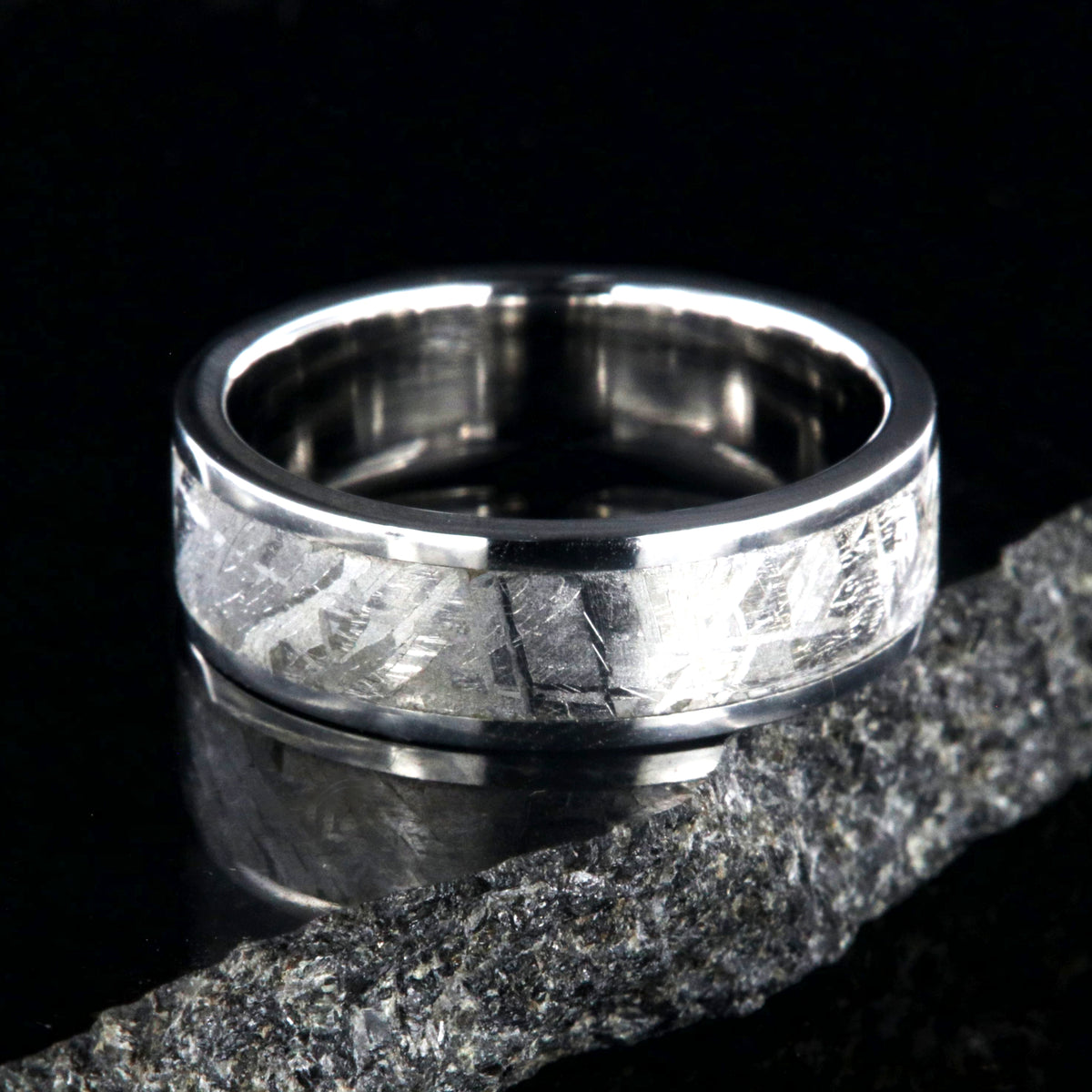 7mm wide flat profile Gibeon meteorite ring with cobalt sleeve and edges