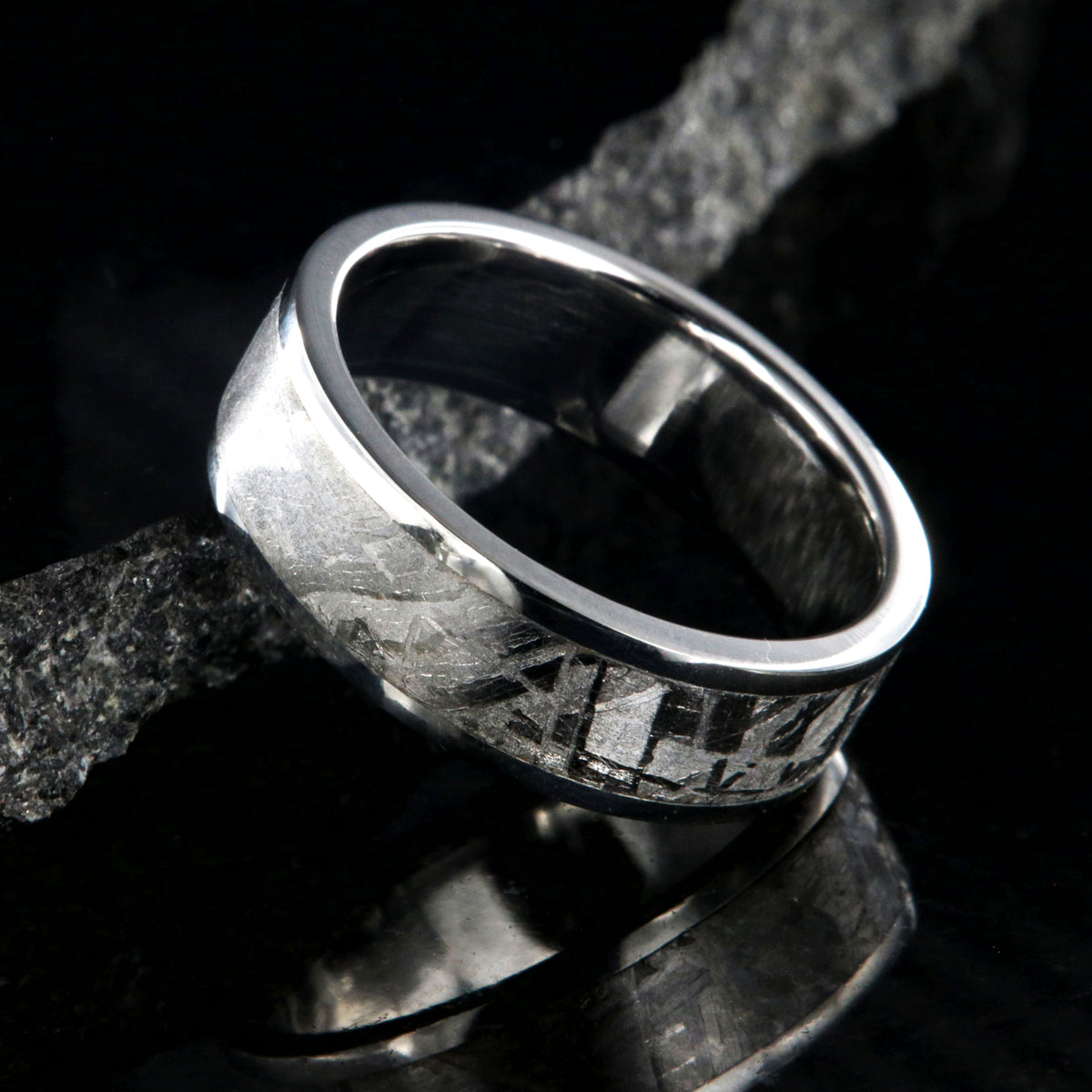 7mm wide flat profile Gibeon meteorite ring with cobalt sleeve and edges