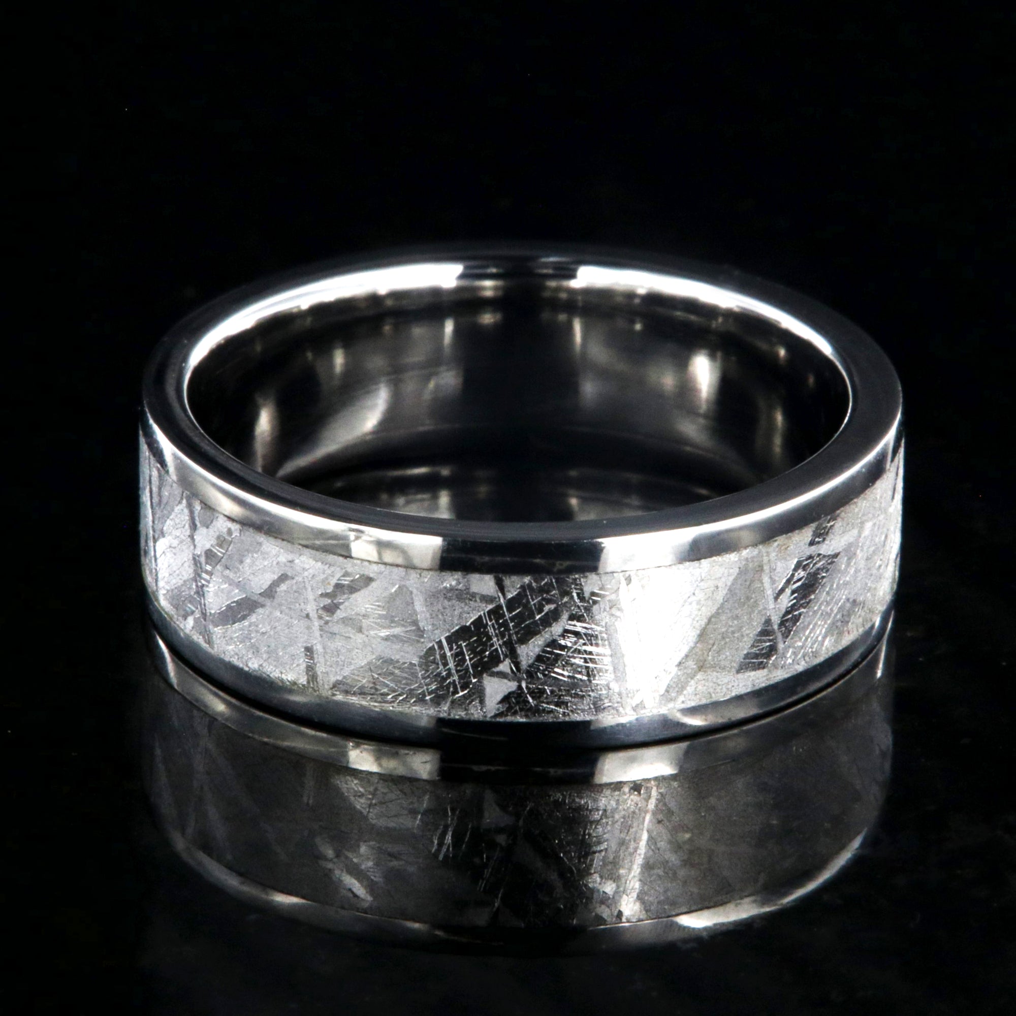 7mm wide flat profile Gibeon meteorite ring with cobalt sleeve and edges