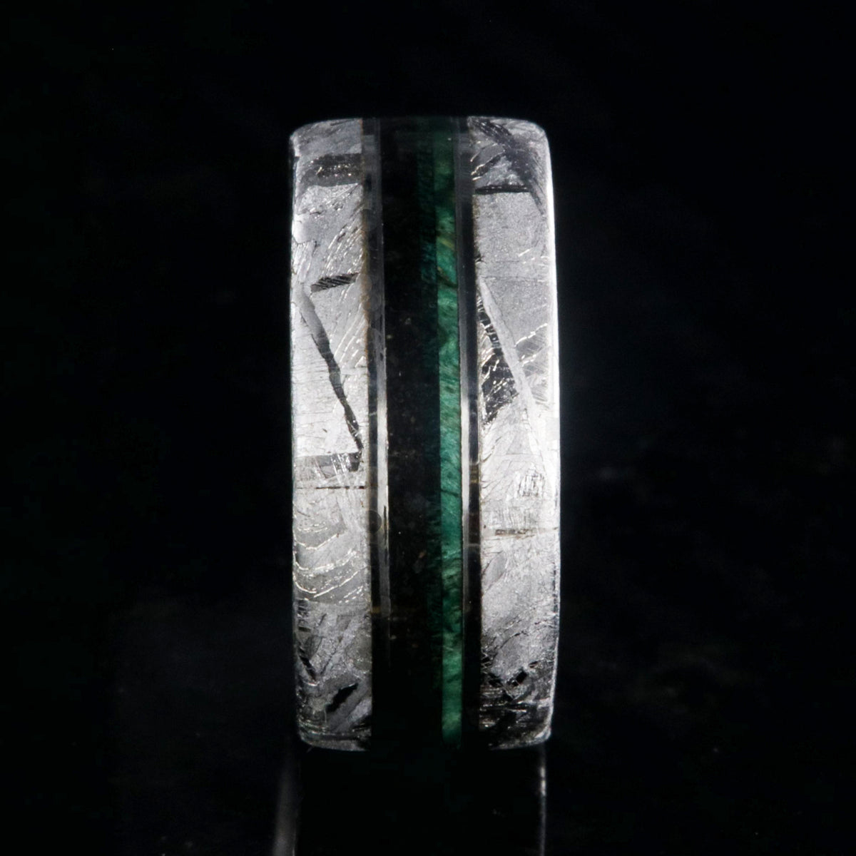 8mm wide flat profile meteorite ring with dinosaur bone and green box elder wood burl