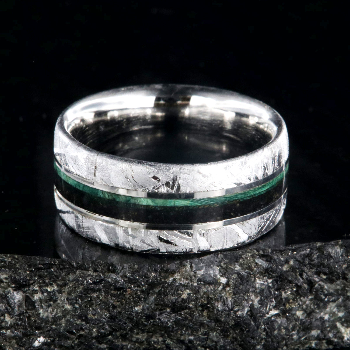 8mm wide flat profile meteorite ring with dinosaur bone and green box elder wood burl