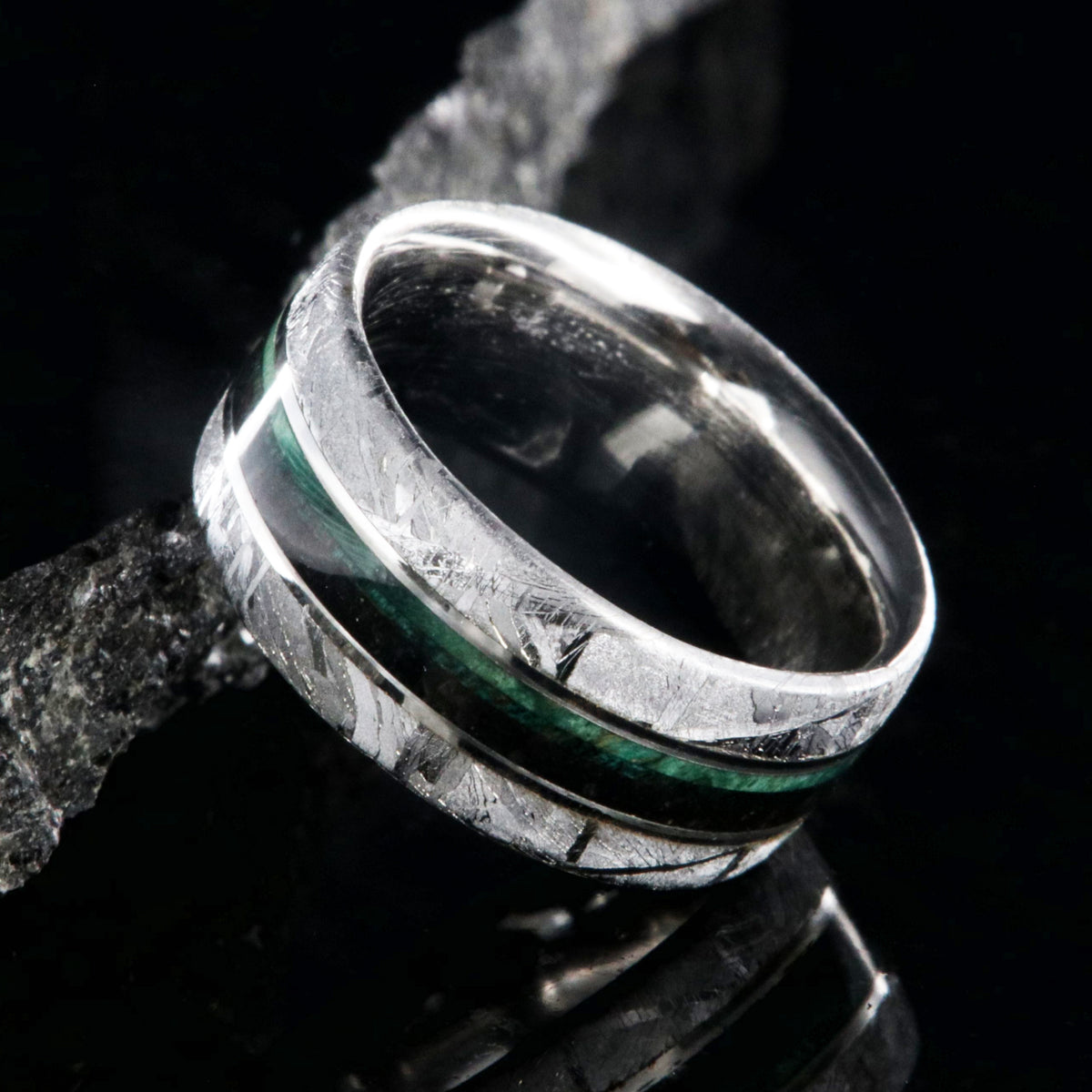 8mm wide flat profile meteorite ring with dinosaur bone and green box elder wood burl