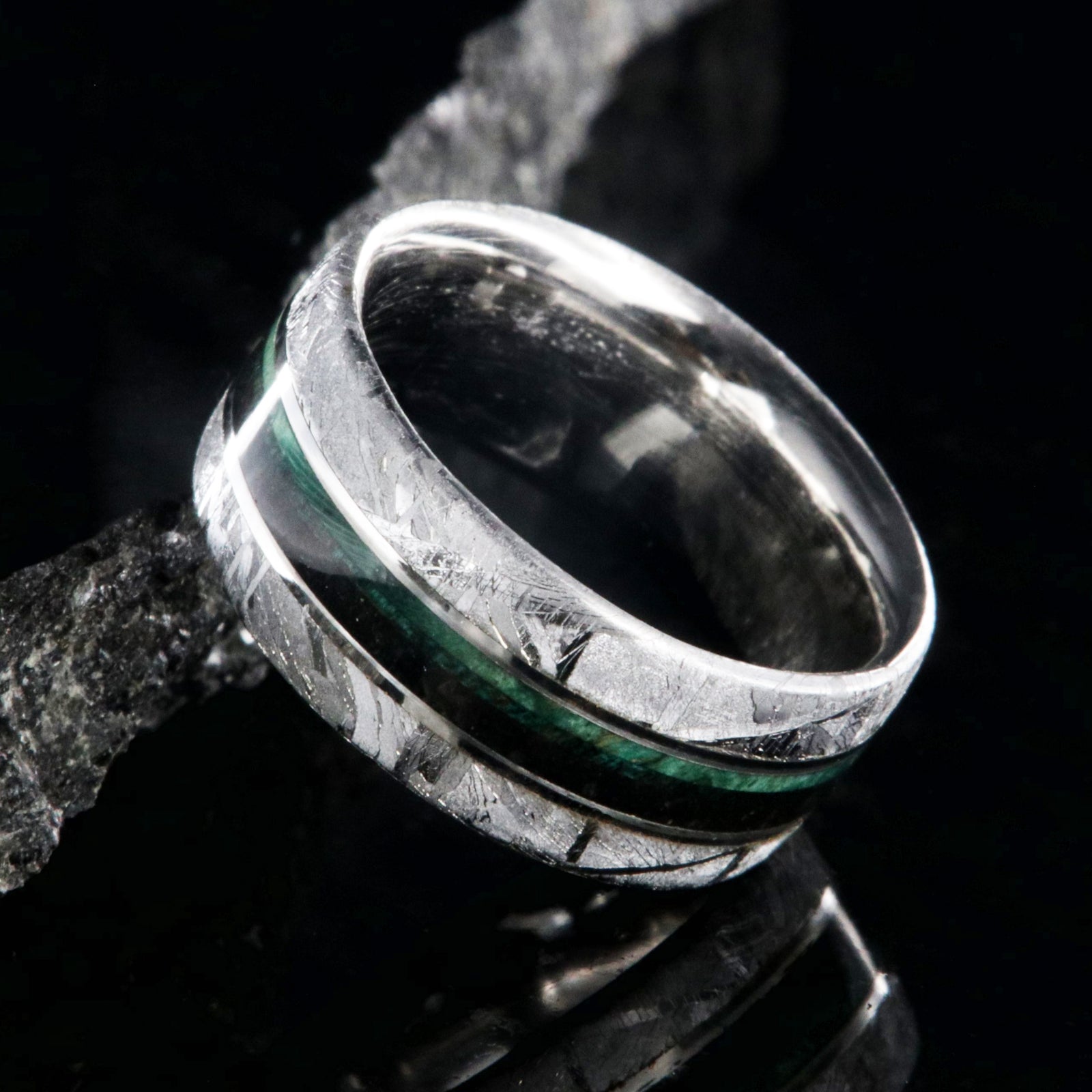 8mm wide flat profile meteorite ring with dinosaur bone and green box elder wood burl