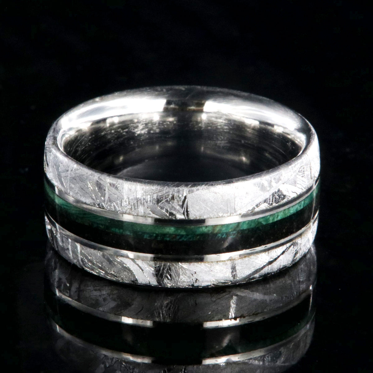 8mm wide flat profile meteorite ring with dinosaur bone and green box elder wood burl