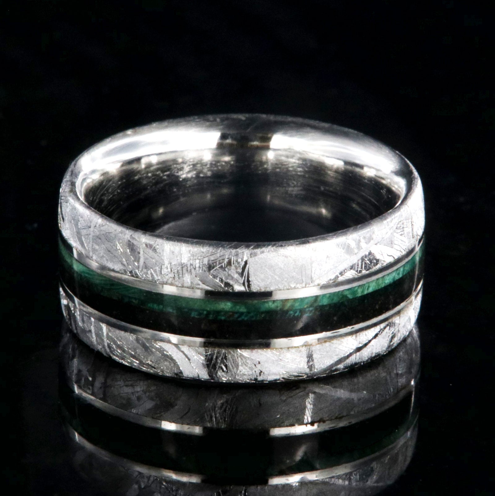 8mm wide flat profile meteorite ring with dinosaur bone and green box elder wood burl