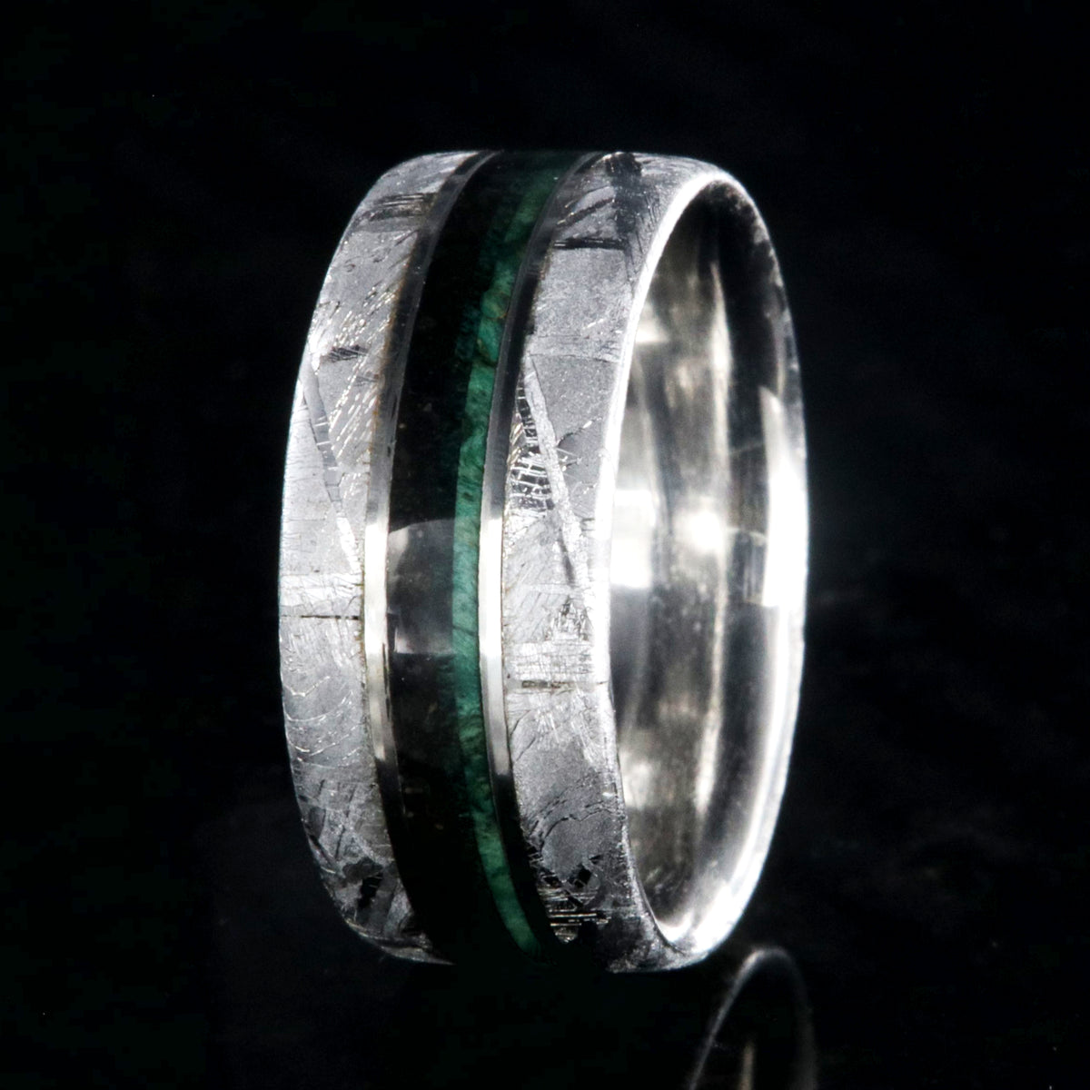 8mm wide flat profile meteorite ring with dinosaur bone and green box elder wood burl