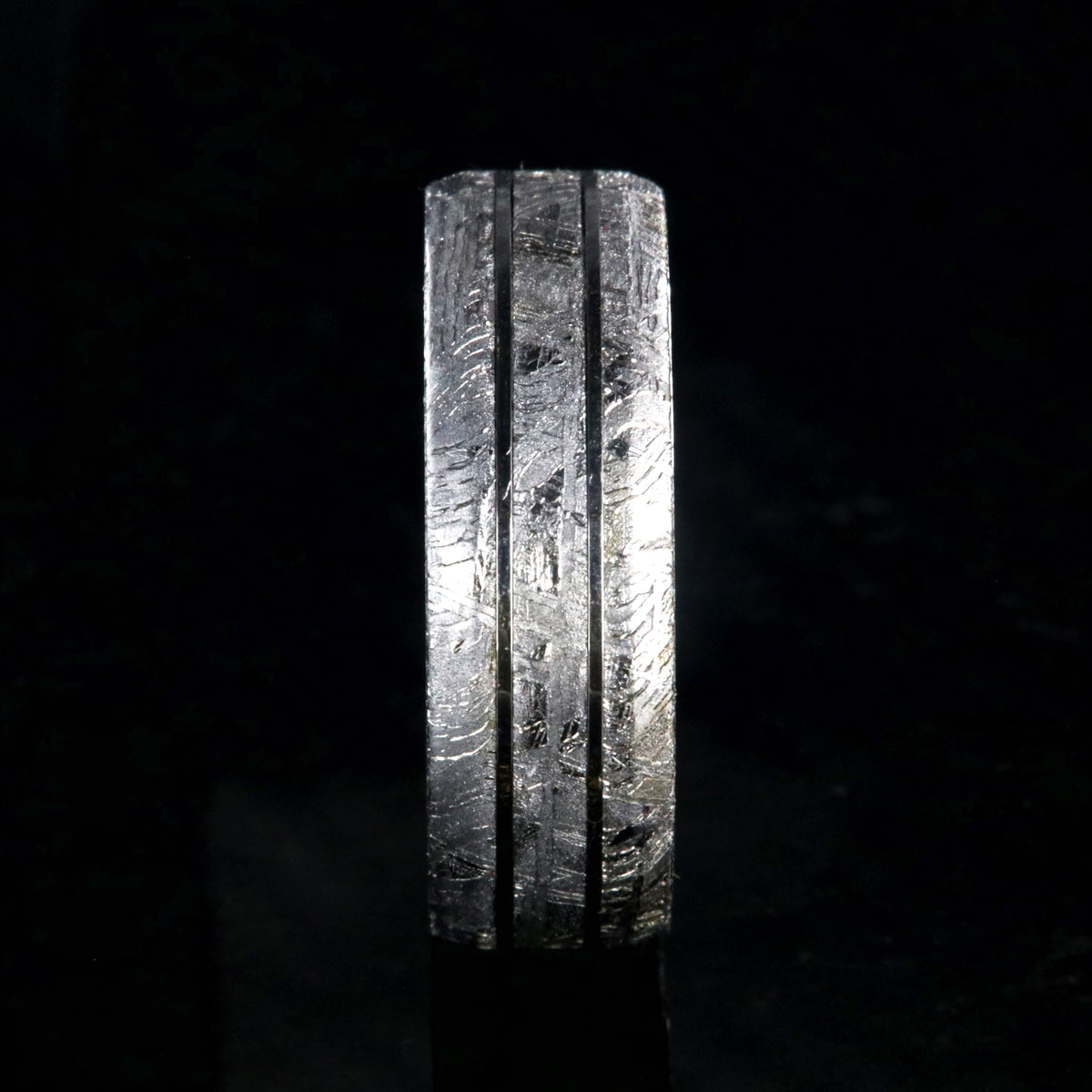 8mm wide cobalt ring with Gibeon meteorite, two centered cobalt inlays, and beveled edges