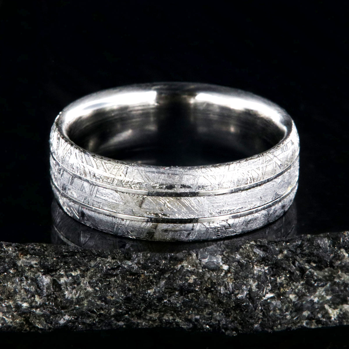 8mm wide cobalt ring with Gibeon meteorite, two centered cobalt inlays, and beveled edges