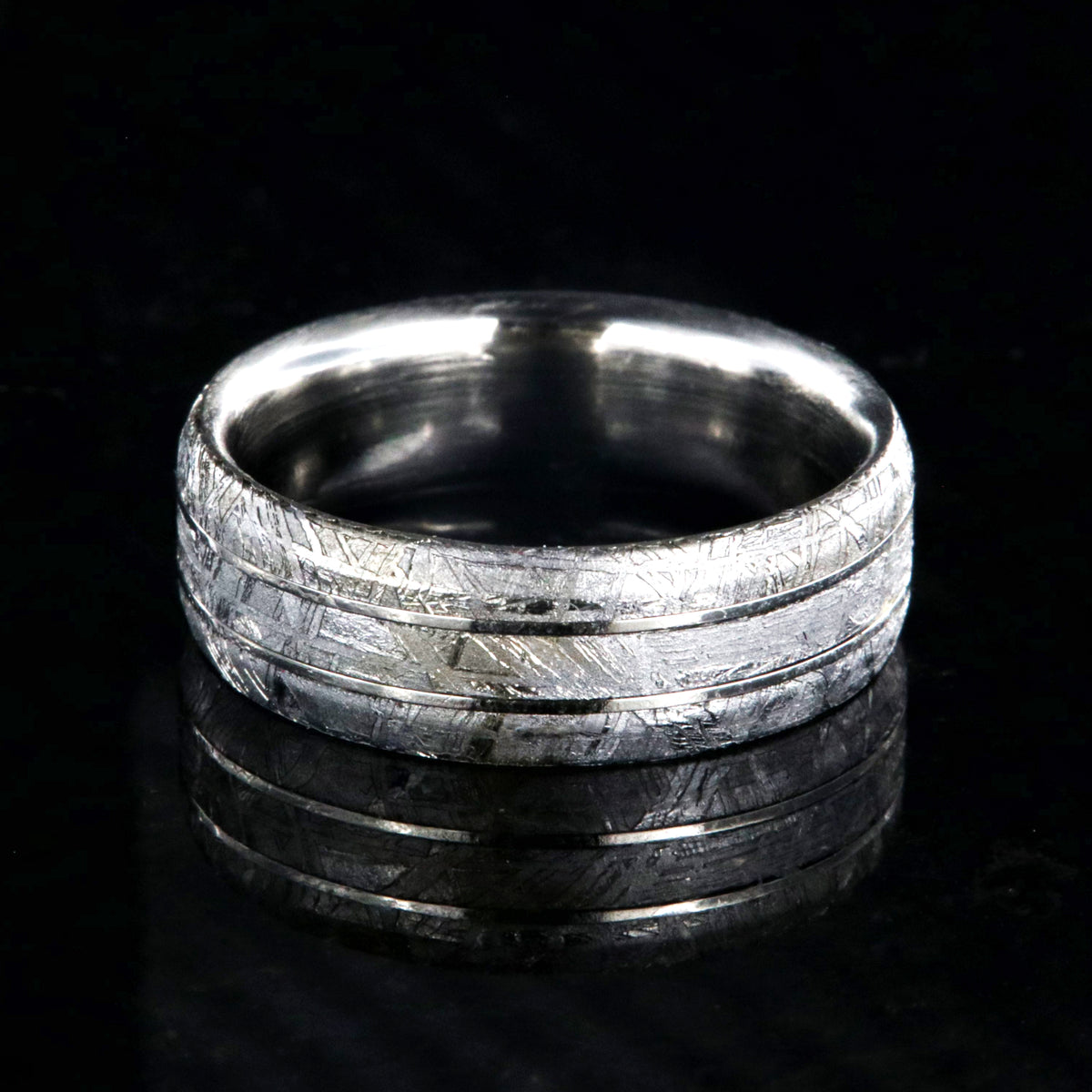 8mm wide cobalt ring with Gibeon meteorite, two centered cobalt inlays, and beveled edges