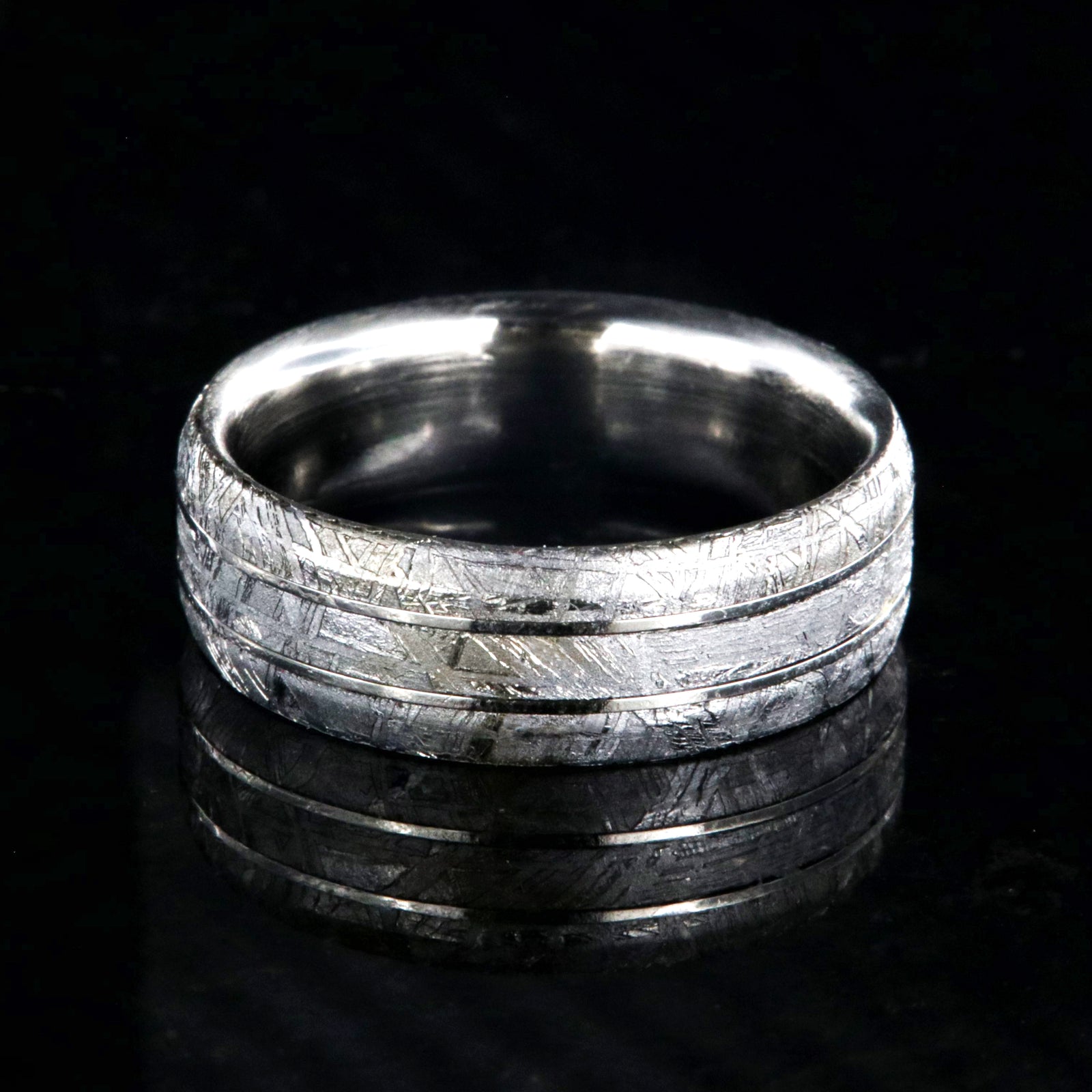 8mm wide cobalt ring with Gibeon meteorite, two centered cobalt inlays, and beveled edges