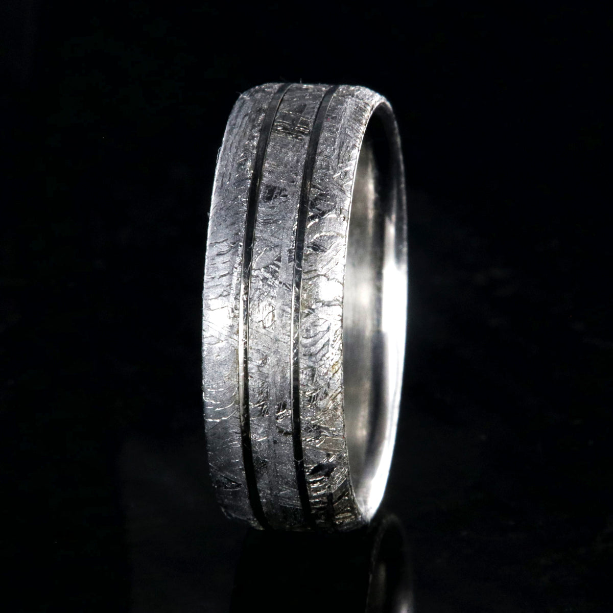 8mm wide cobalt ring with Gibeon meteorite, two centered cobalt inlays, and beveled edges