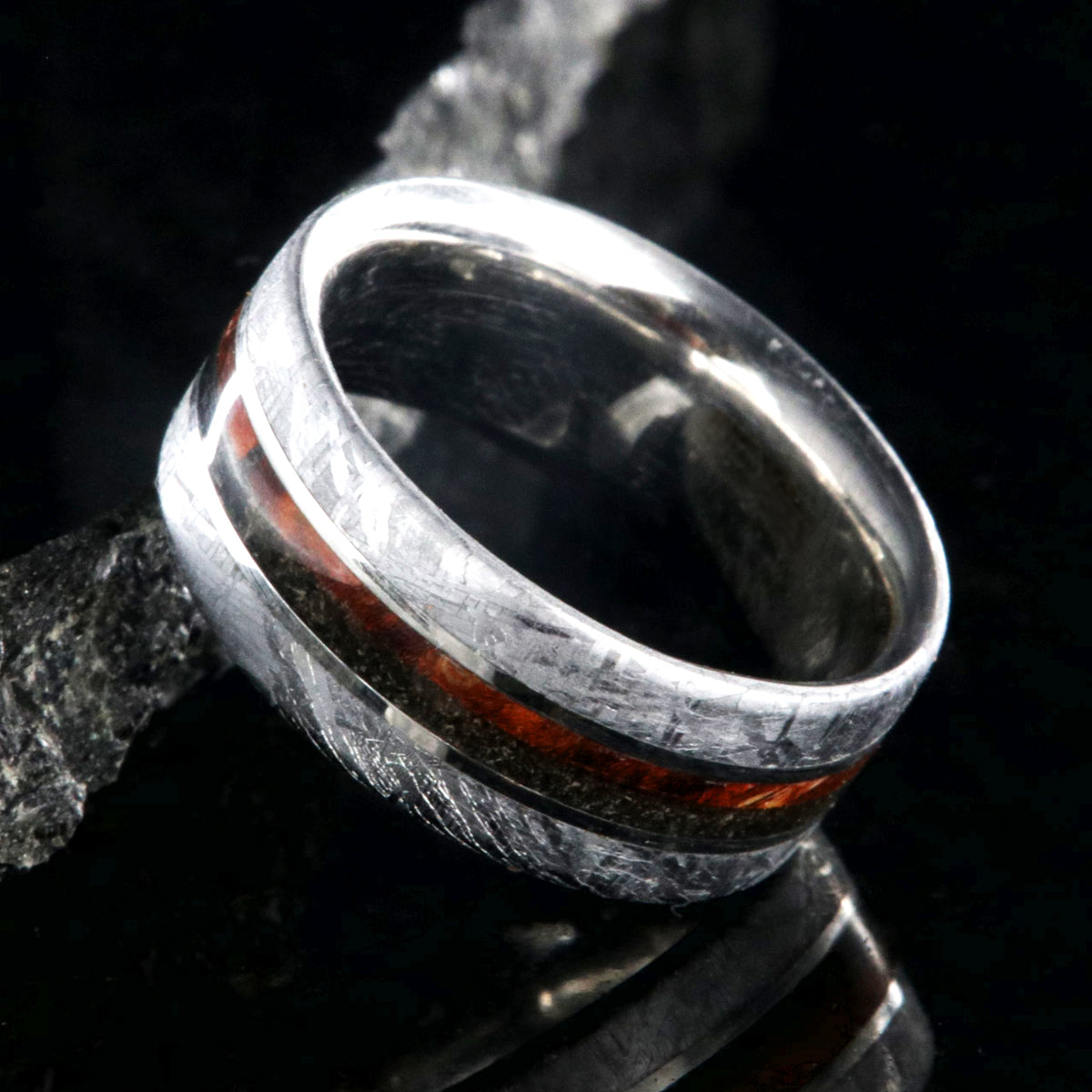 8mm wide flat profile meteorite ring with dinosaur bone and red box elder wood burl